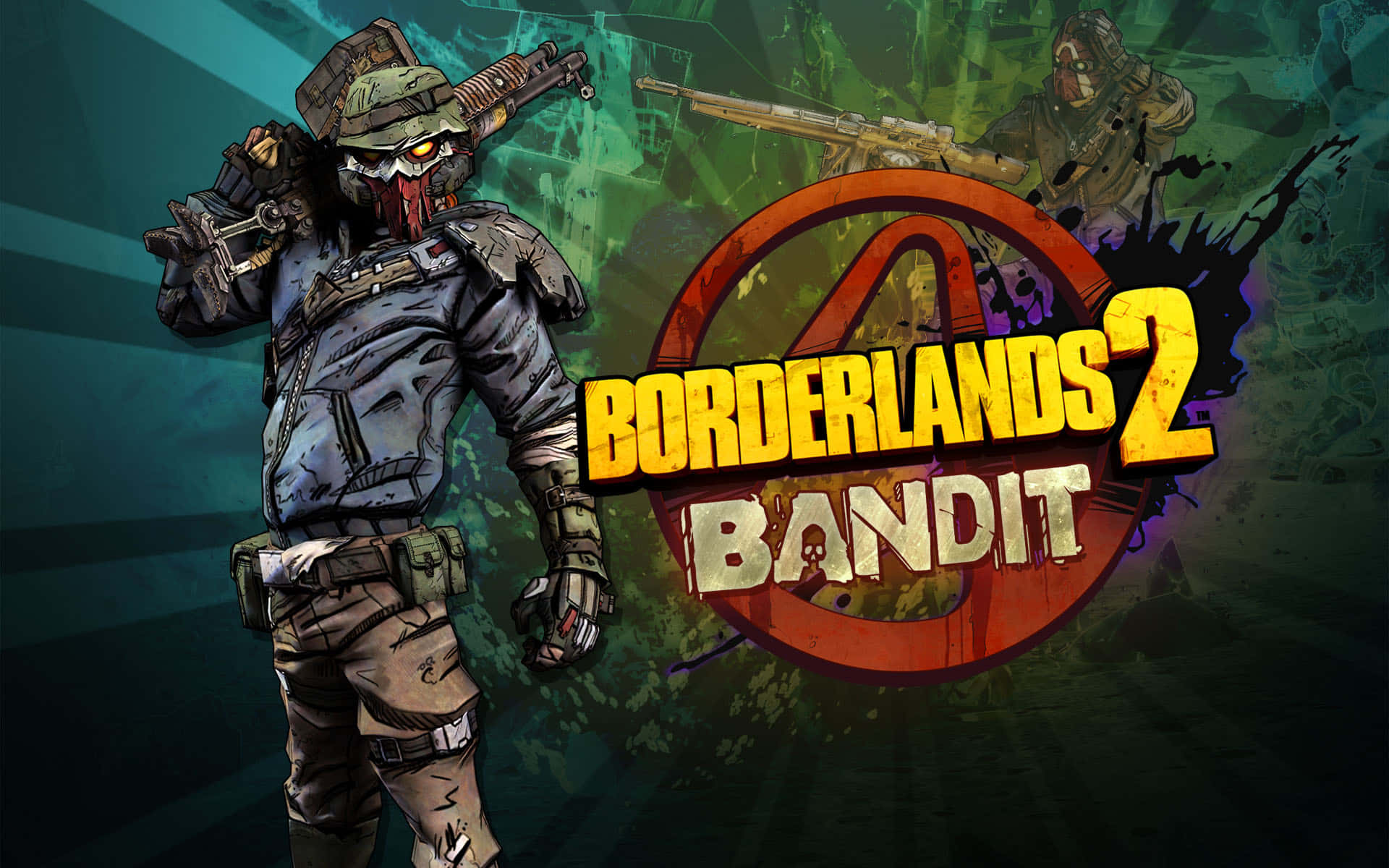 Borderlands 桌布 壁紙 — 一個粗獷的卡通強盜穿著戰鬥裝備，在深綠色背景上拿著步槍，帶有「Borderlands 2 Bandit」標誌。
