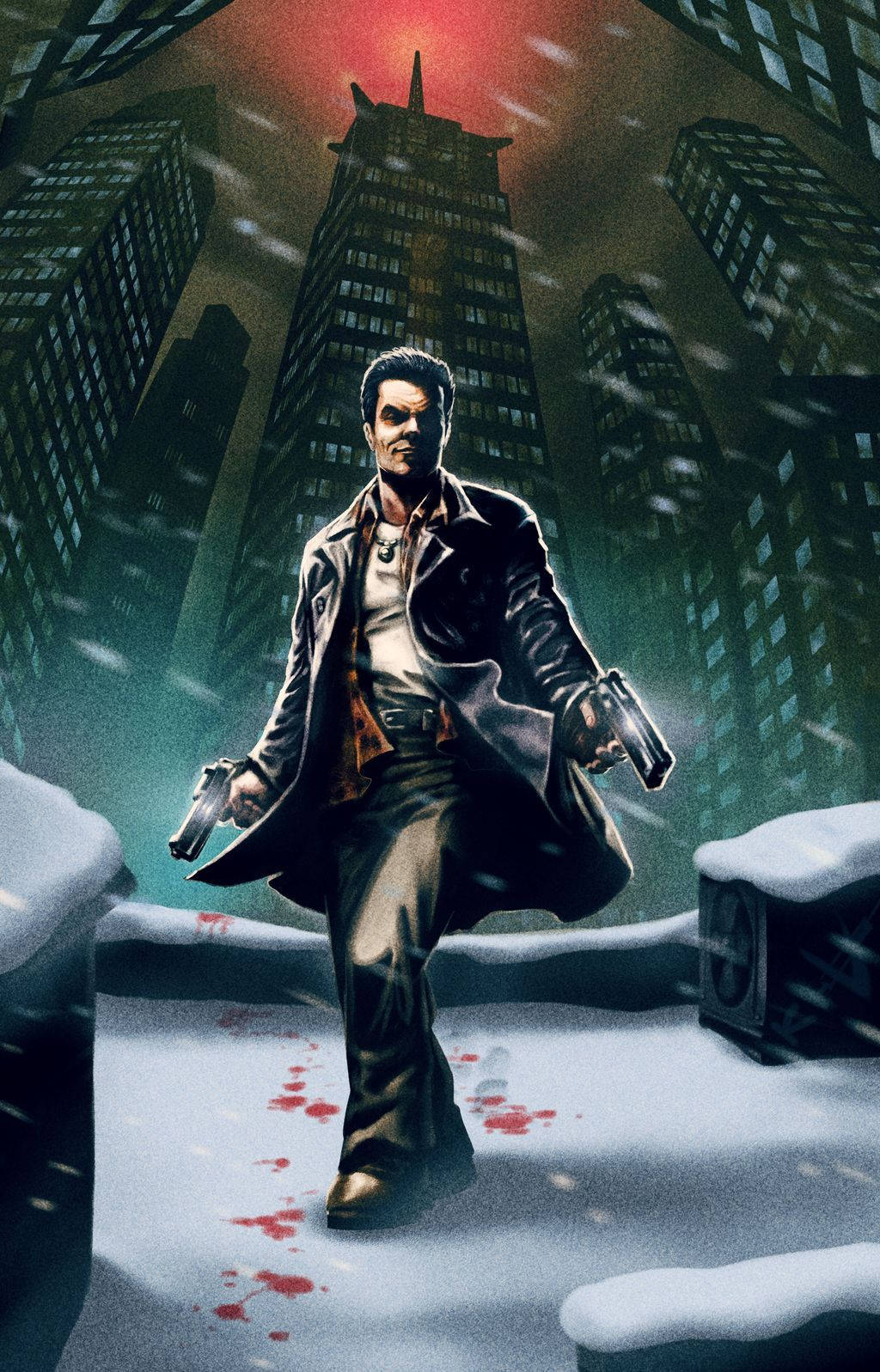 Max Payne 桌布 壁紙 — 一個粗獷的城市刺客在血紅色的天空下，穿過積雪的城市廢墟，手持兩把手槍。