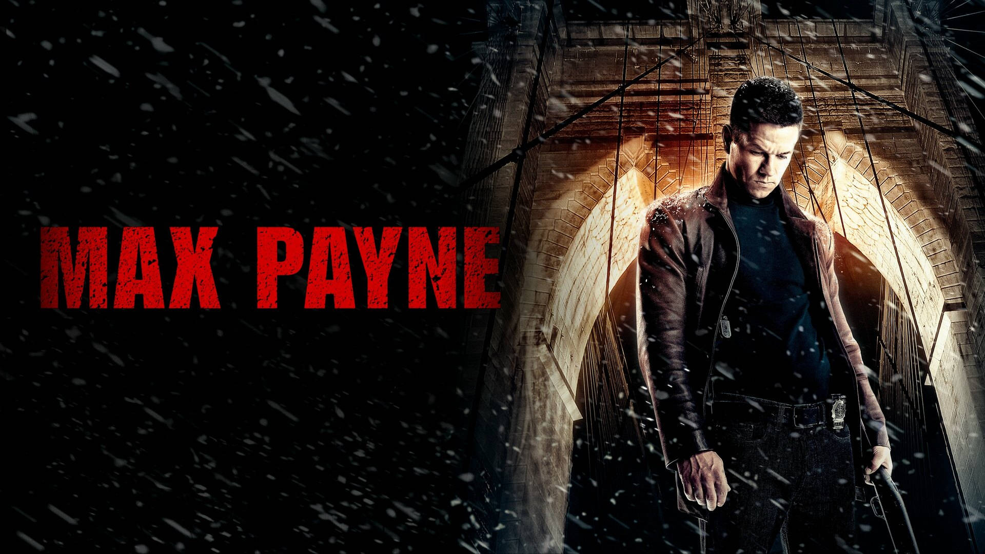 Max Payne 桌布 壁紙 — 一個粗獷的城市英雄站在橋下積雪隧道中，紅色文字寫著「MAX PAYNE」，背景是飄落的雪花。