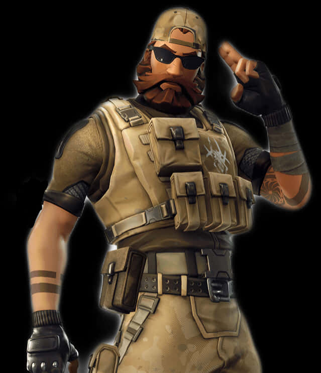 Fortnite Default Skin 桌布 壁紙 — 一個粗獷的士兵，留著鬍鬚，戴著太陽眼鏡，身穿戰術裝備，在黑色背景前自信地做手勢。