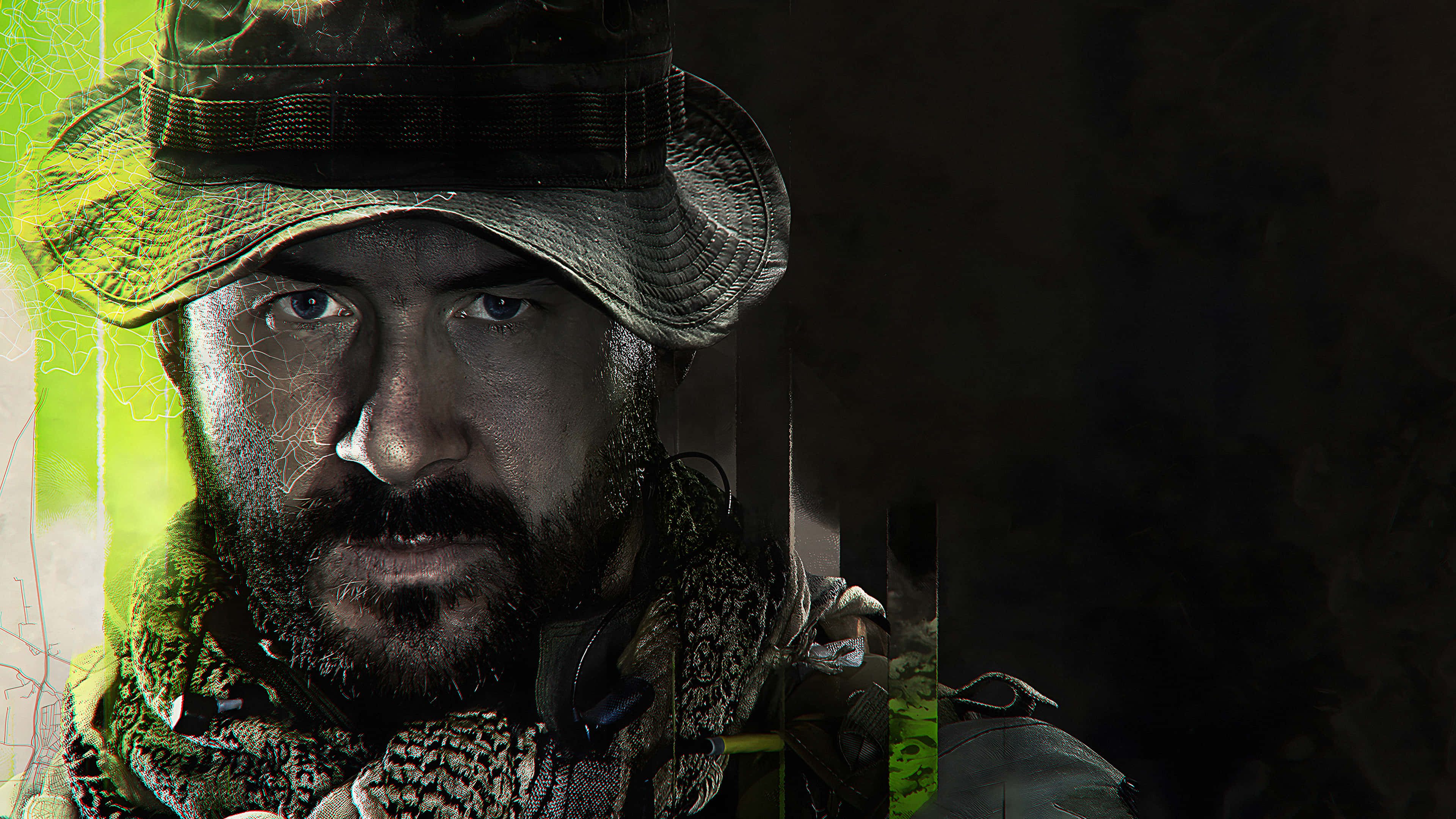 Call Of Duty Mw 桌布 壁紙 — 一個粗獷的士兵，留著鬍鬚，戴著迷彩帽，在黑暗背景前帶著螢光綠色點綴，眼神銳利。