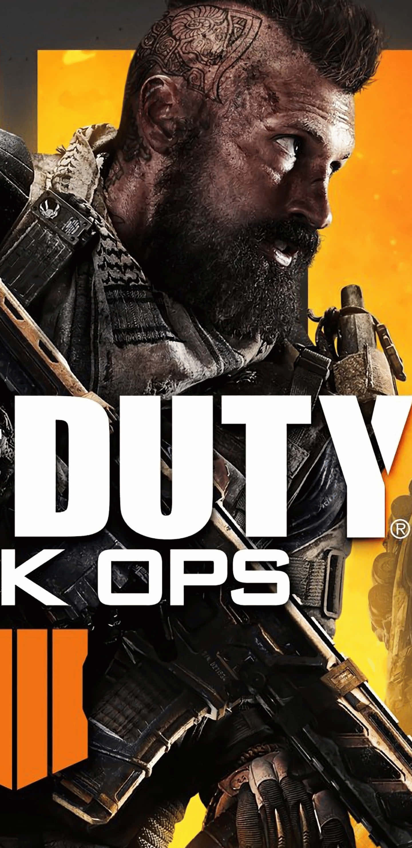 Pixel 3xl Call Of Duty Black Ops 4 桌布 壁紙 — 一個粗獷的士兵，頭上有刺青，留著鬍子，在電玩海報中，在火熱的橙色背景下緊握步槍。