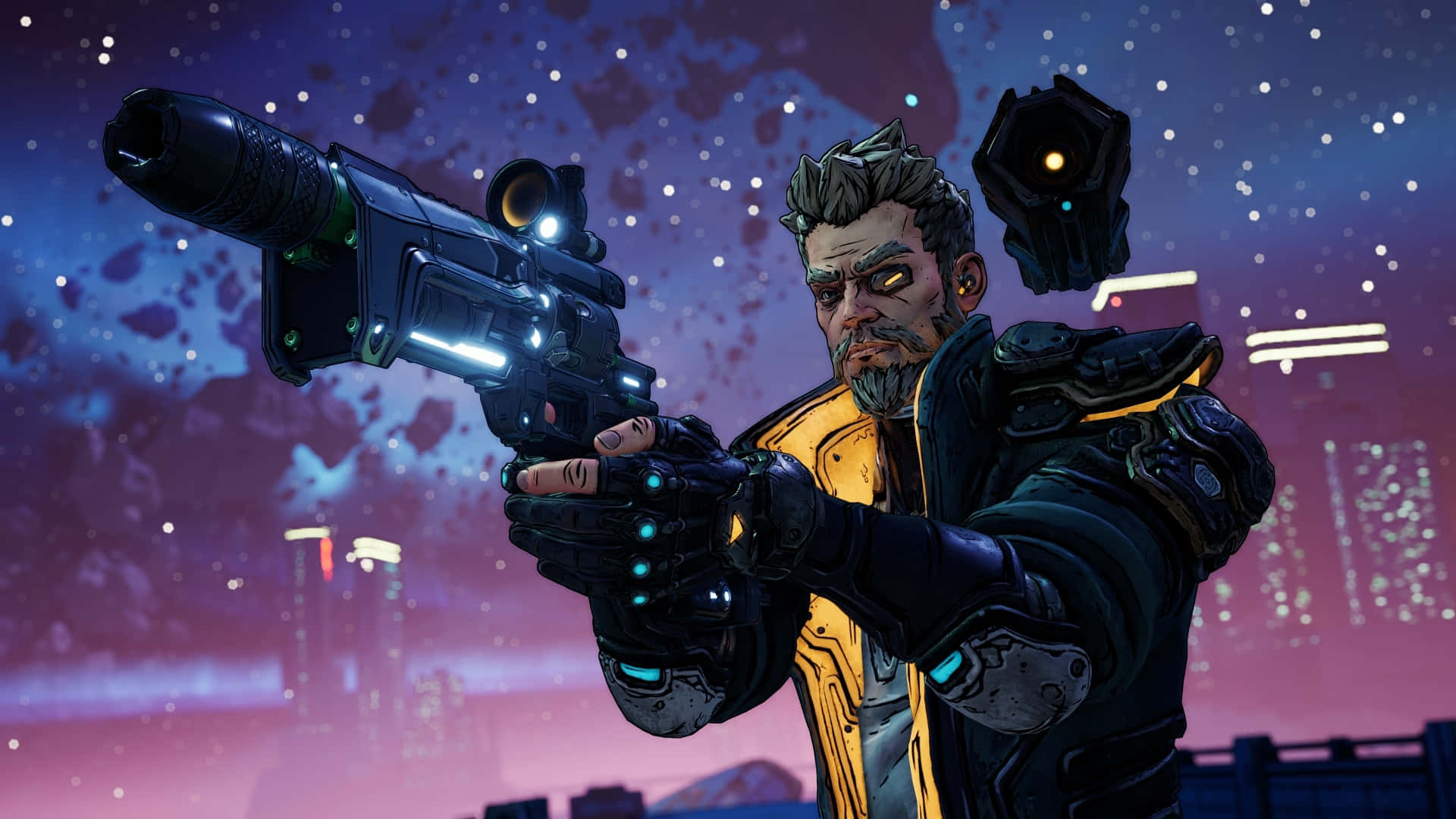 1080p Borderlands 3 桌布 壁紙 — 一個粗獷的太空牛仔在繁星點點的紫色天空下，對著霓虹城市天際線瞄準一把發光的未來手槍。