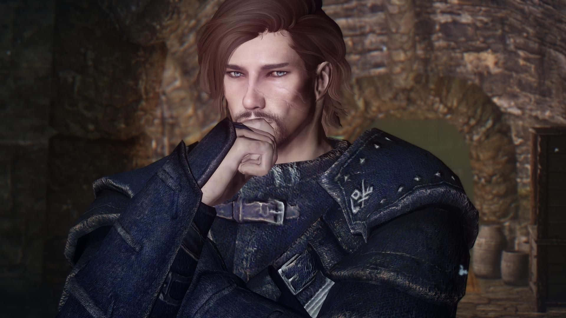 Skyrim Brynjolf 桌布 壁紙 — 一個粗獷的奇幻戰士，棕色頭髮和鬍鬚，在石拱門內用手托著下巴。