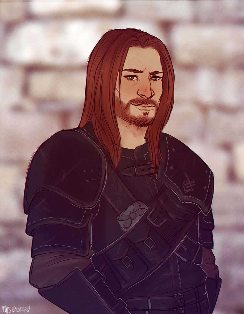 Skyrim Brynjolf 桌布 壁紙 — 一個粗獷的奇幻戰士，長長的紅頭髮和鬍鬚，穿著黑色盔甲，背景是模糊的石牆。