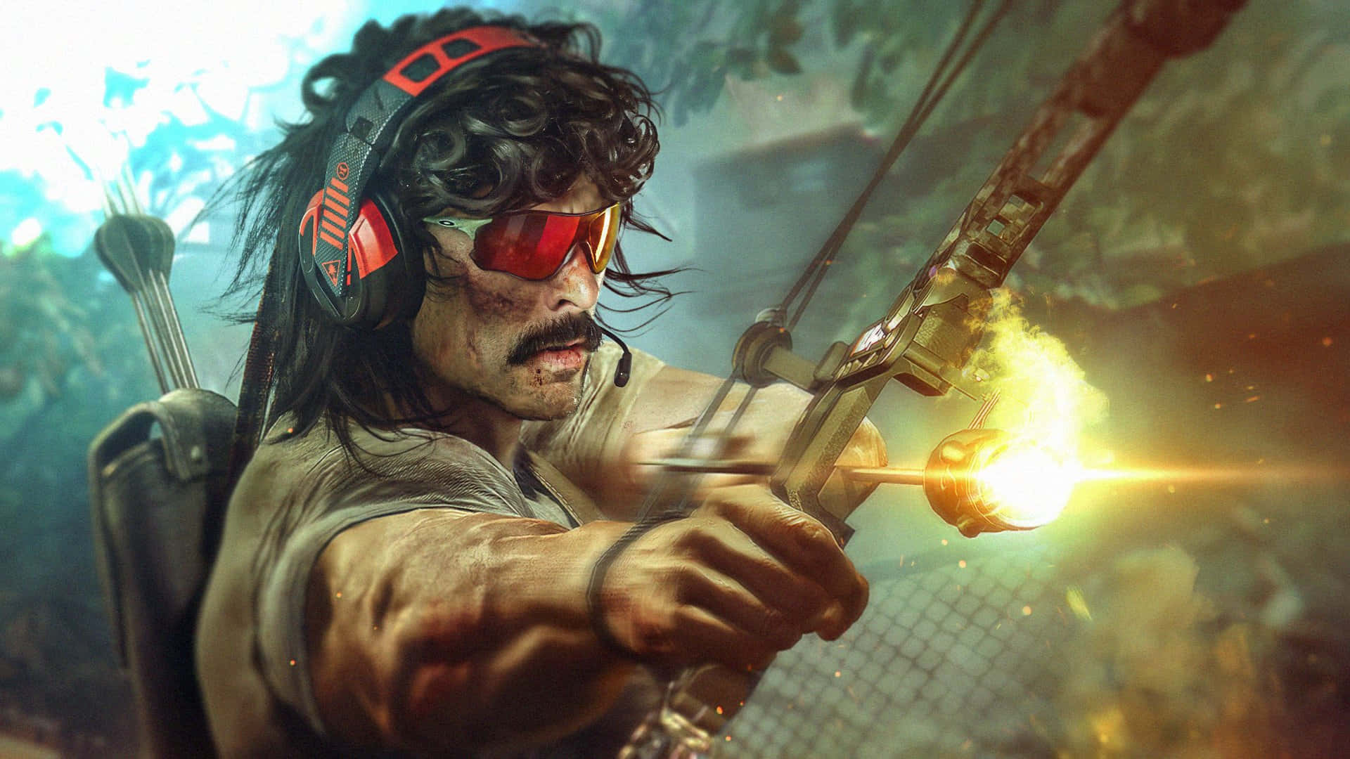 Gamer 桌布 壁紙 — 一個粗獷的弓箭手戴著紅色護目鏡和耳機，在迷霧叢林中用複合弓射出一支發光的箭。