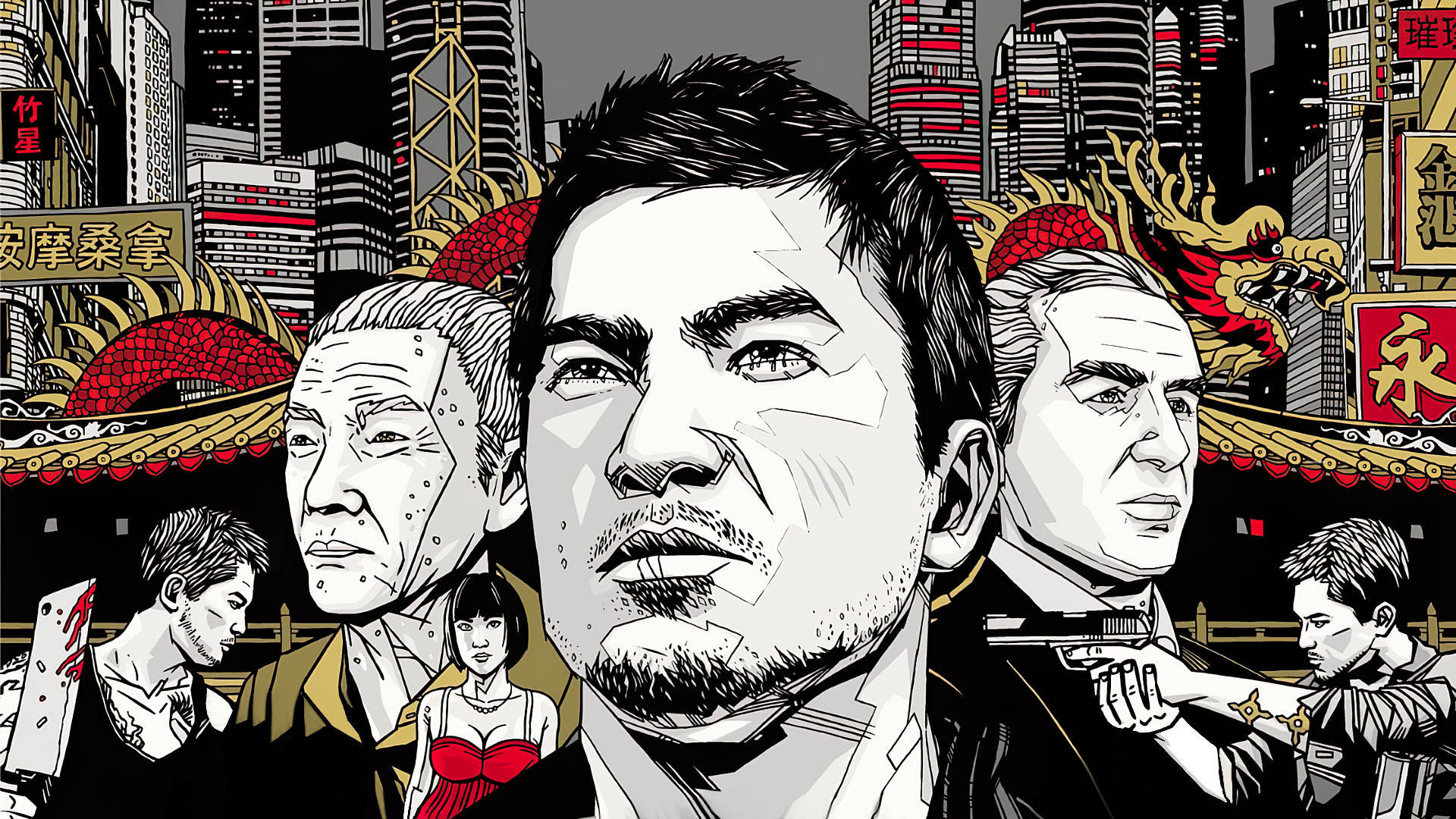 video games 桌布 壁紙 — 一個粗獷的插圖城市景觀，包含風格化的角色，包括一個中心人物、一條龍和手持武器的角色，背景是霓虹燈閃爍的摩天大樓。