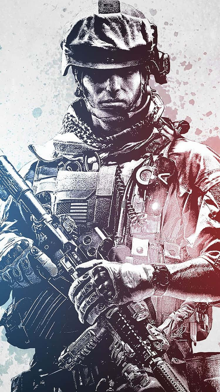 軍事動圖 桌布 壁紙 — 一個粗獷的插圖士兵，身穿全套戰術裝備，手持步槍，背景是帶有強烈藍色和紅色調的潑濺效果。