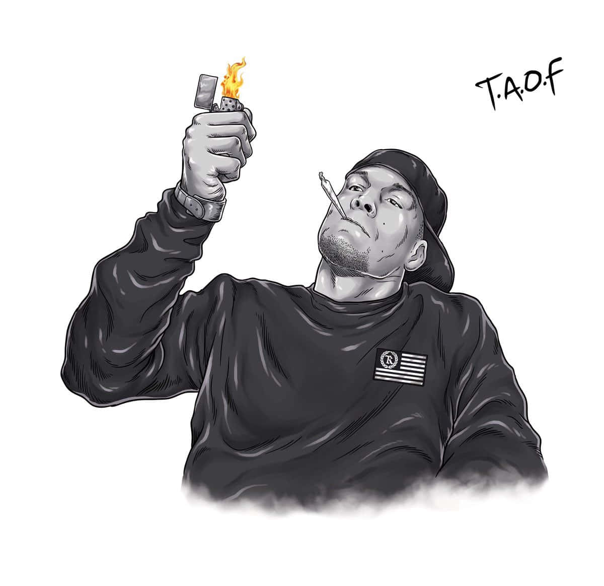 UFC 桌布 壁紙 — 一個粗獷的插圖男子，戴著帽子和連帽衫，拿著點燃的打火機，抽著煙，煙霧在下方盤旋。