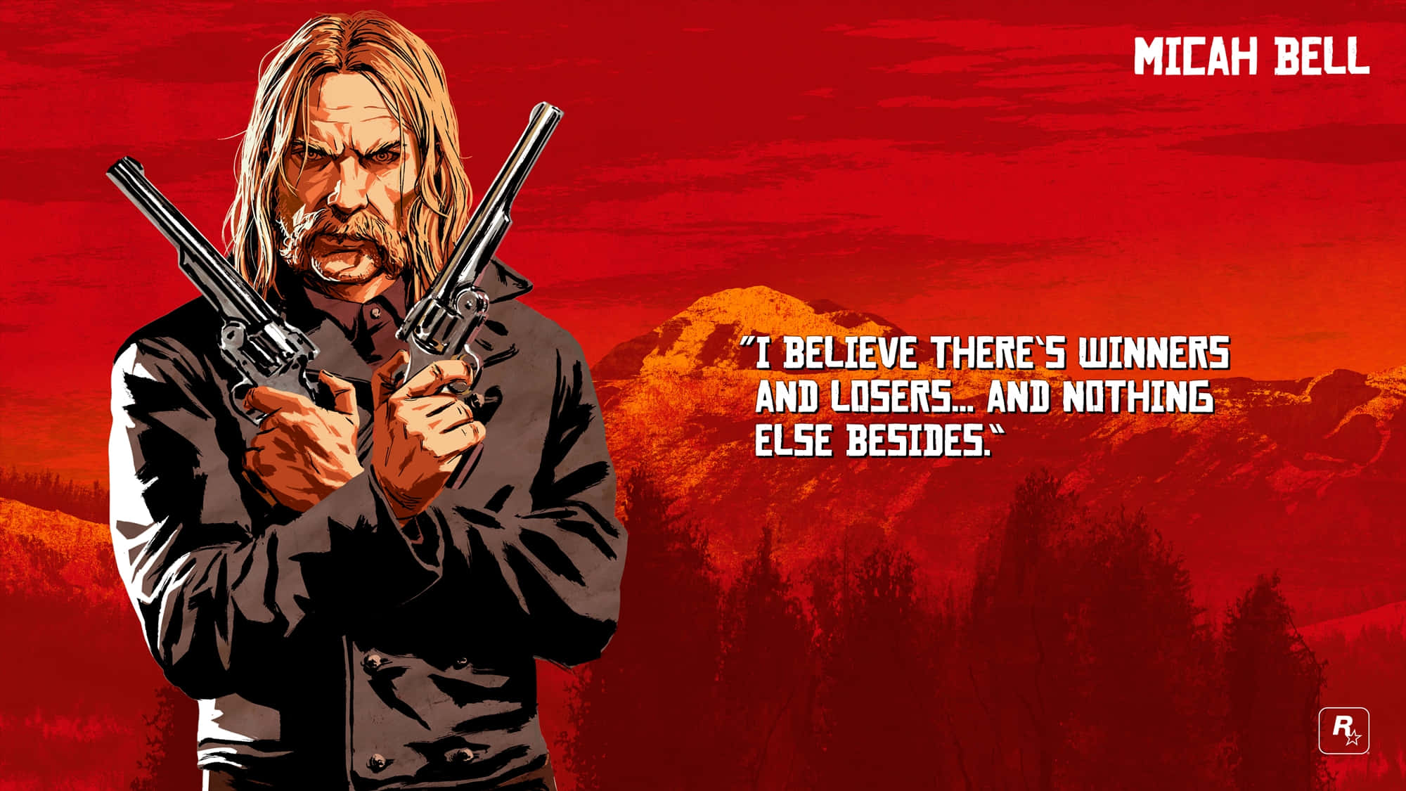 Best Red Dead Redemption 2 桌布 壁紙 — 一個粗獷的插圖男子，長髮，手持兩把左輪手槍，背景是火紅的山脈，並帶有粗體引言。