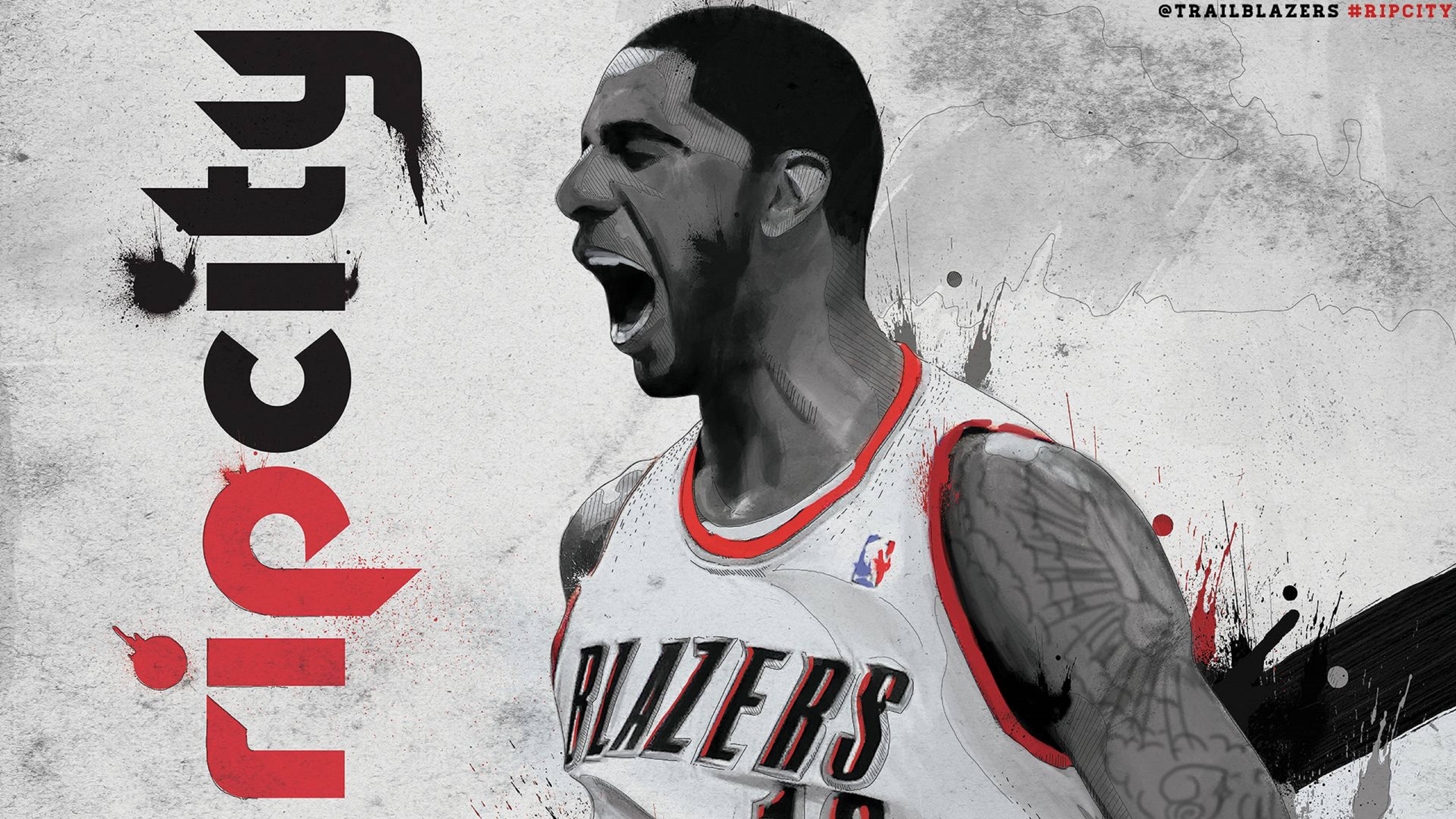 Lamarcus Aldridge 桌布 壁紙 — 一個粗獷的插圖籃球運動員穿著拓荒者隊球衣，在灰色潑濺背景前激烈咆哮。