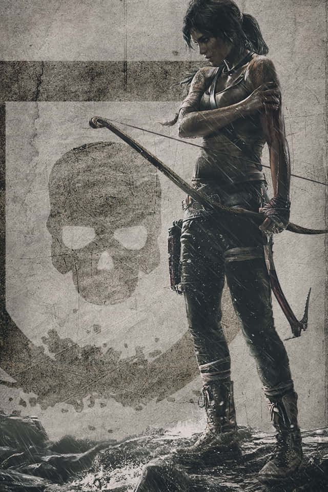 Pixel 3 Shadow Of The Tomb Raider 桌布 壁紙 — 一個粗獷的插畫冒險家手持弓箭，對準一幅破舊牆上風化的骷髏標誌。