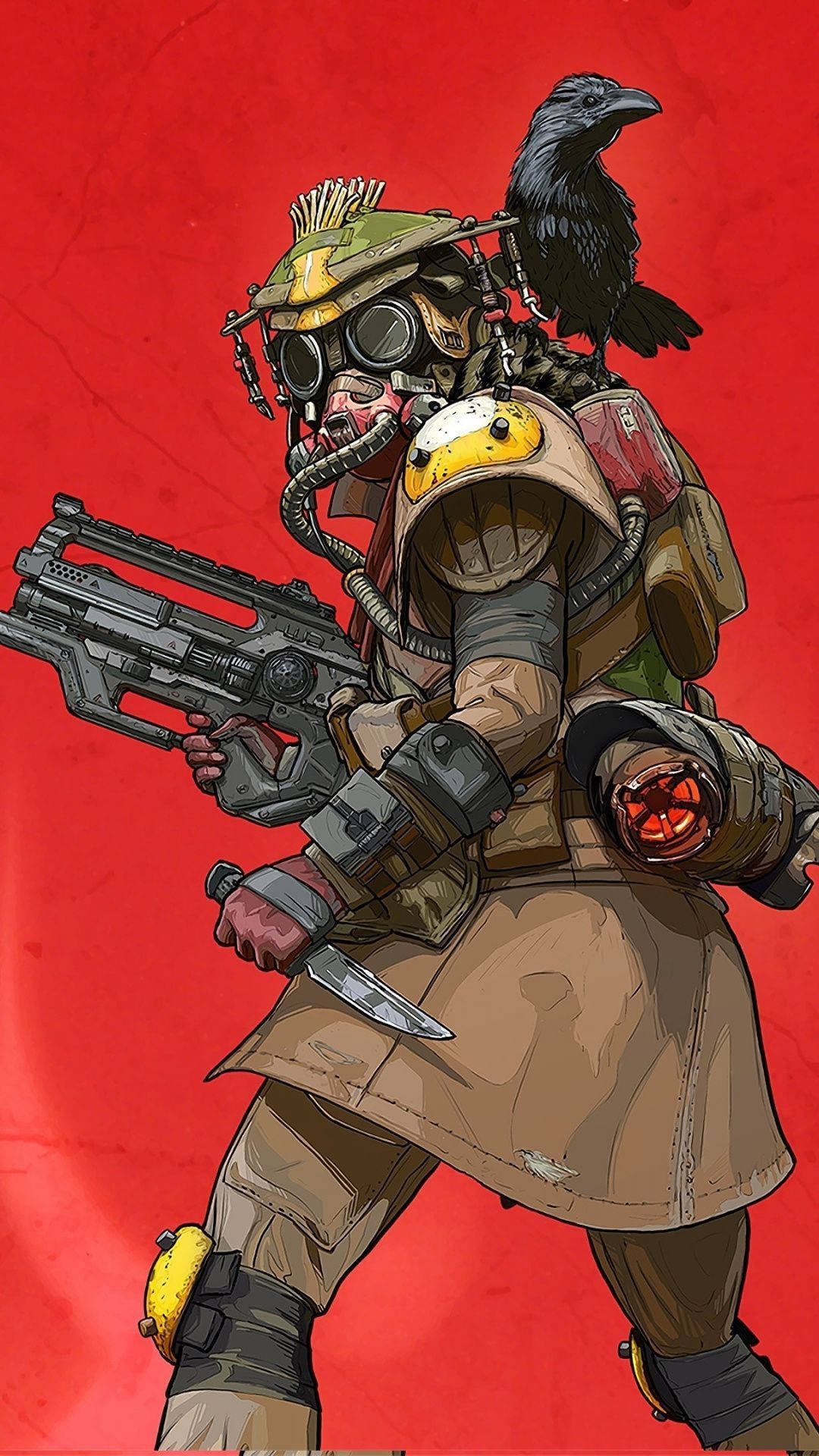 Legends 桌布 壁紙 — 一個粗獷的插畫士兵，戴著防毒面具和盔甲，在鮮紅色的背景下拿著步槍和刀，肩上棲息著一隻烏鴉。