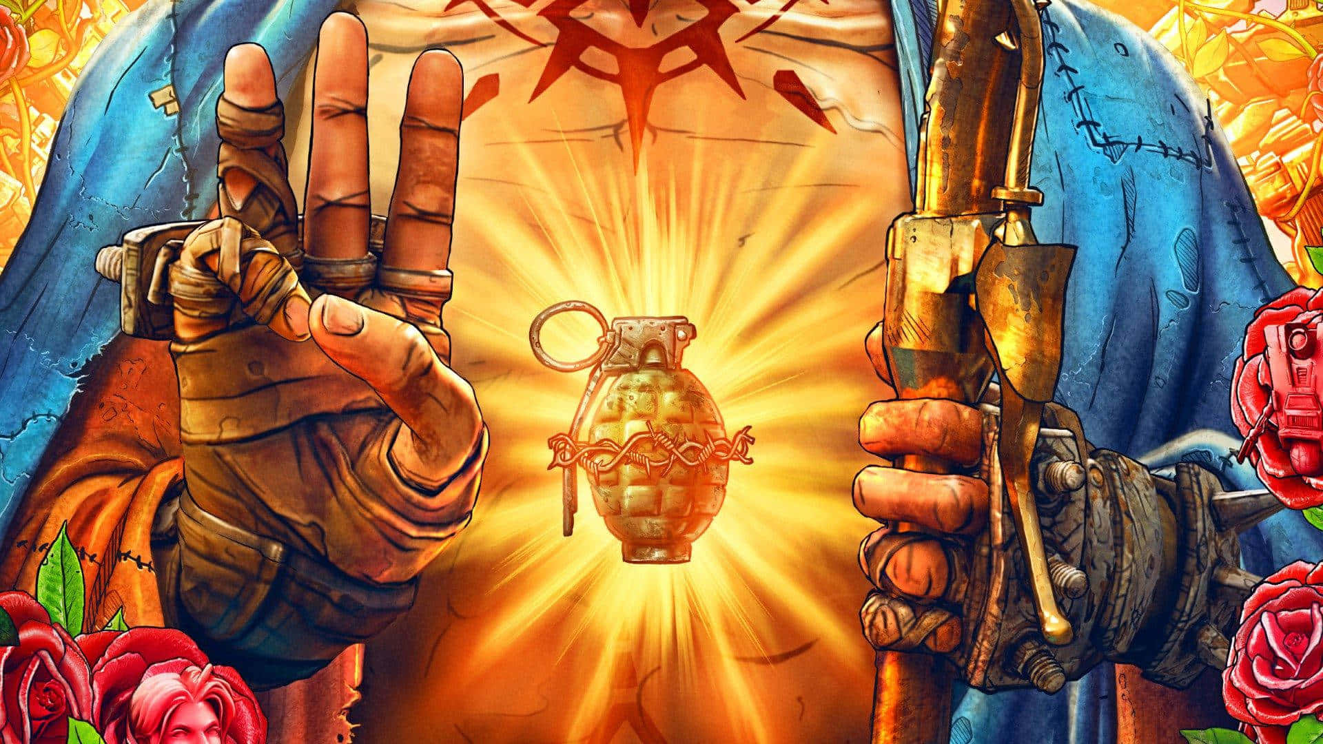 1080p Borderlands 3 桌布 壁紙 — 一個粗獷的插畫戰士手持手榴彈和手槍，面對著耀眼金色爆發，紅玫瑰框住場景。