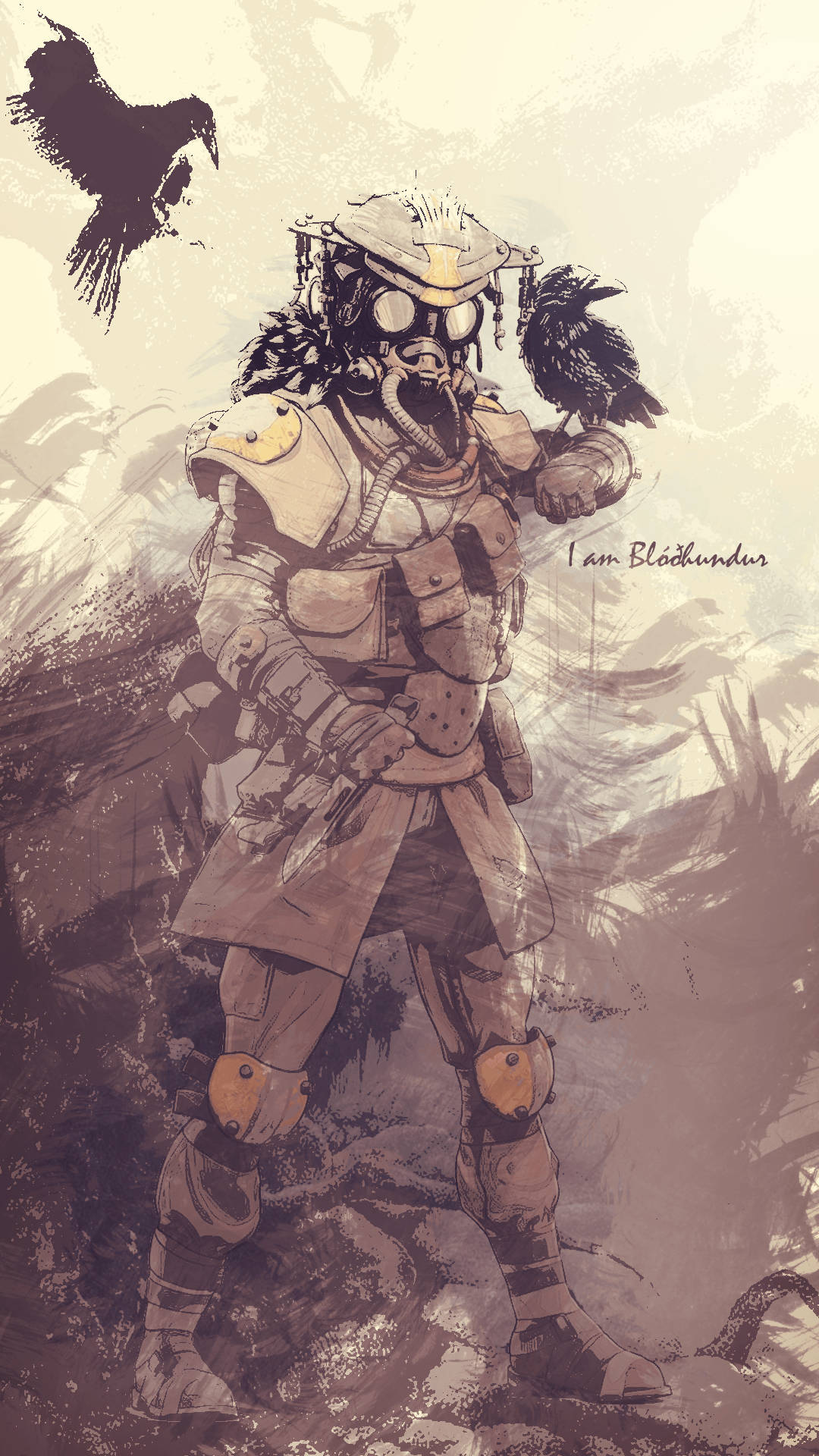 電玩遊戲 桌布 壁紙 — 一個粗獷的插畫戰士身穿重甲和防毒面具，肩上棲息著烏鴉，背景是煙霧瀰漫的棕褐色。