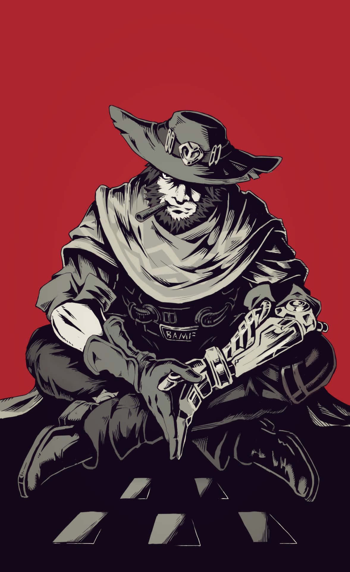 Overwatch Mccree 桌布 壁紙 — 一個粗獷的插畫牛仔，留著鬍子，戴著帽子，坐在鮮紅色的背景前，手持左輪手槍。