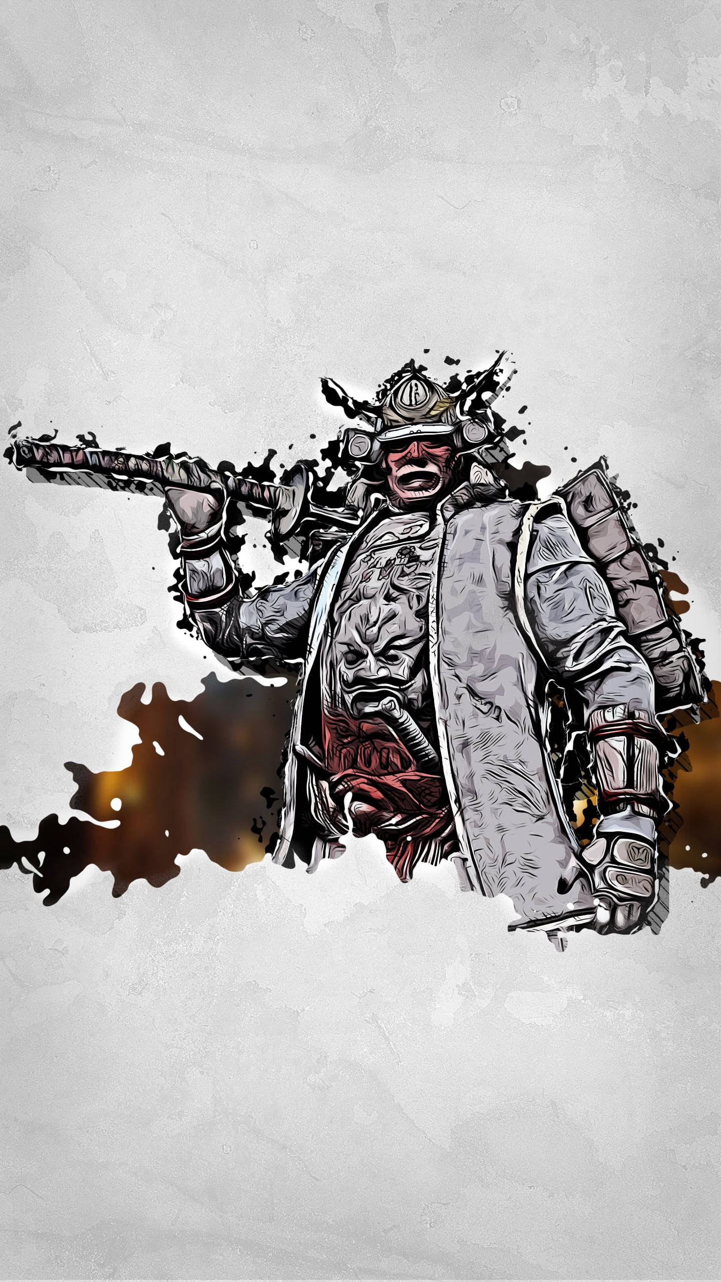 電玩遊戲 桌布 壁紙 — 一個粗獷的插畫風格武士穿著盔甲，在帶有紋理的灰色背景上揮舞著武士刀，伴隨著火熱的橙色飛濺。