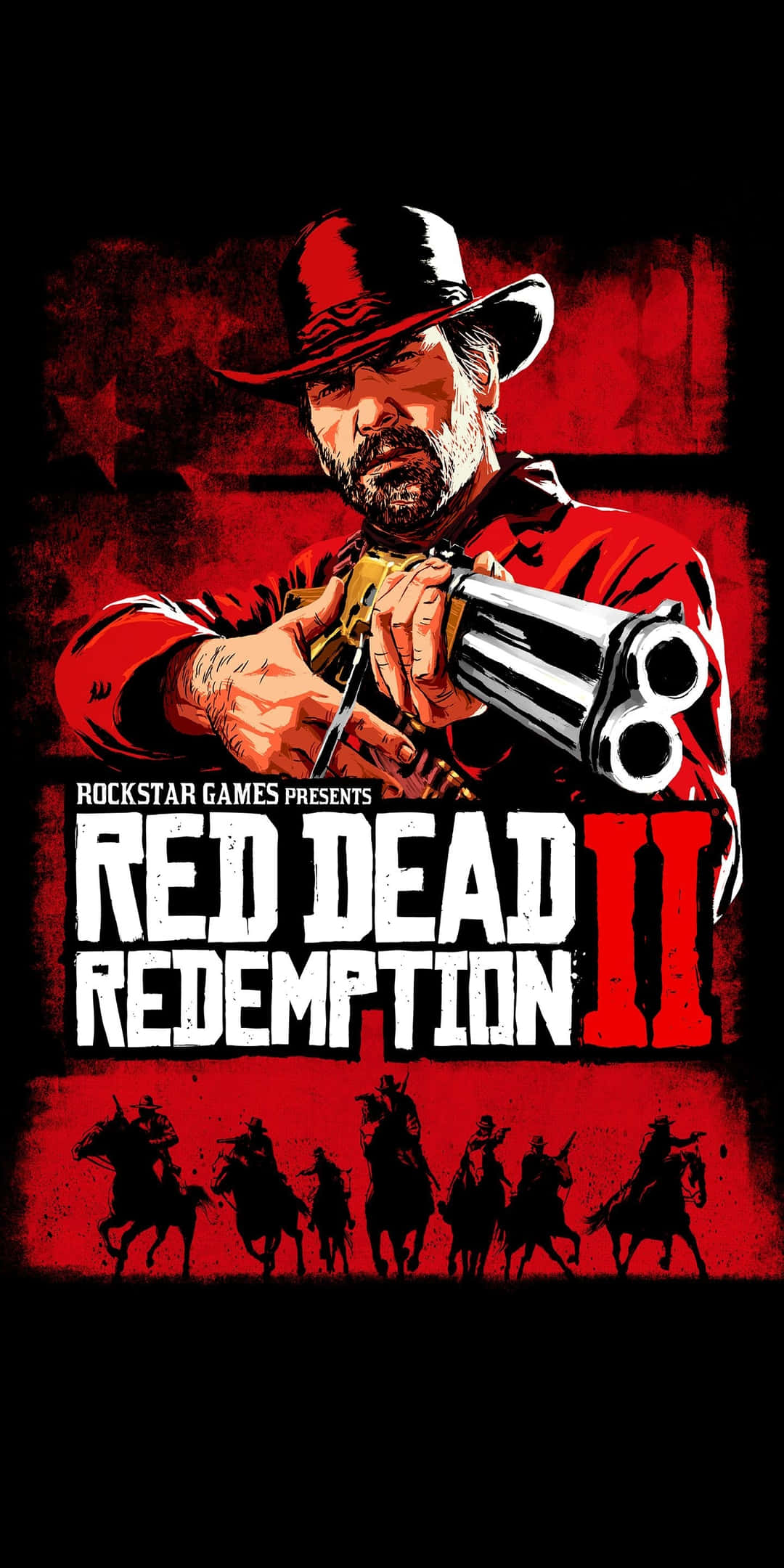 Red Dead Redemtion 2 桌布 壁紙 — 一個粗獷的插畫風格牛仔手持左輪手槍，在血紅色背景上凝視著，下方有騎手的剪影。
