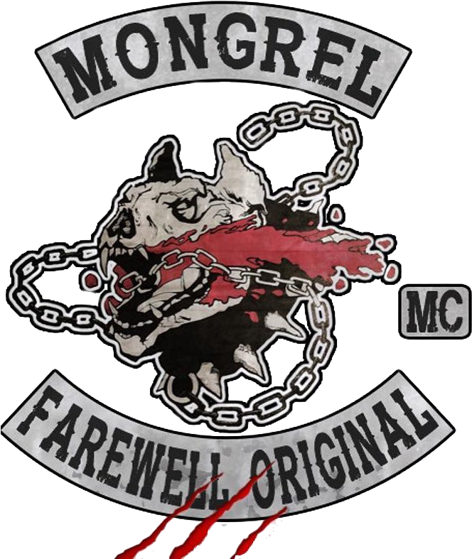 Farewell 桌布 壁紙 — 一個粗獷的摩托車俱樂部徽章，上面有一隻齜牙咧嘴的狗，牙齒沾滿鮮血，頭部纏繞著鎖鏈。