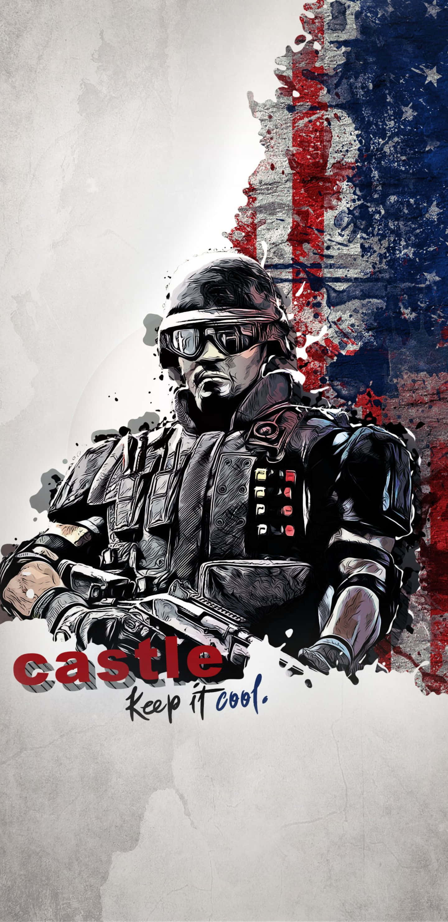 Pixel 3xl Rainbow Six Siege 桌布 壁紙 — 一個粗獷的數位藝術士兵穿著戰術裝備，在濺有美國國旗的背景前手持武器，並帶有 'castle keep it cool' 文字。