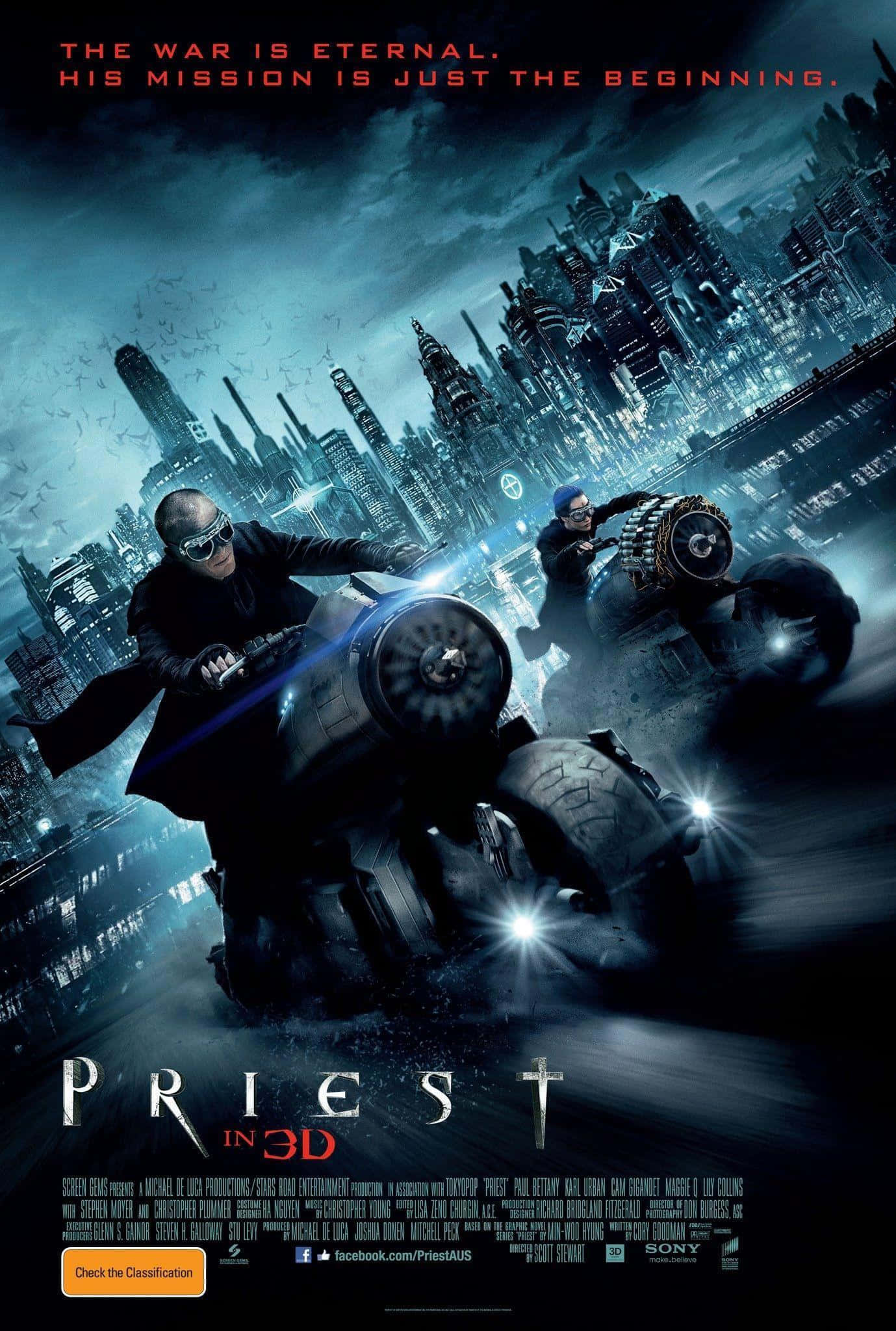 Movie Poster 桌布 壁紙 — 一個粗獷的未來城市夜景，兩名裝甲機車騎士在暴風雨天空下，飛馳於霓虹燈照亮的街道。