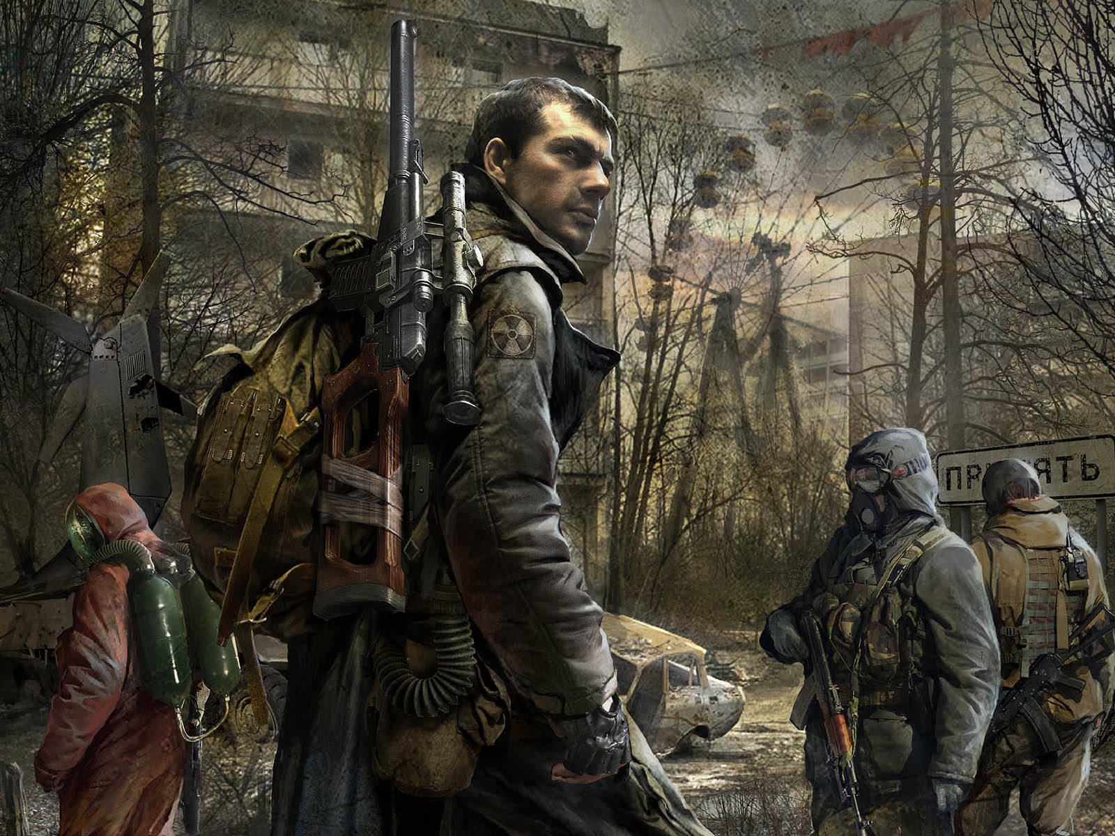 Stalker 桌布 壁紙 — 一個粗獷的末日後士兵拿著步槍，與其他倖存者站在廢棄的城市荒地中。
