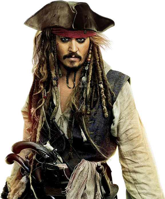Jack Sparrow 桌布 壁紙 — 一個粗獷的海盜，長著長長的辮子，戴著三角帽，在黑色背景下凝視著。