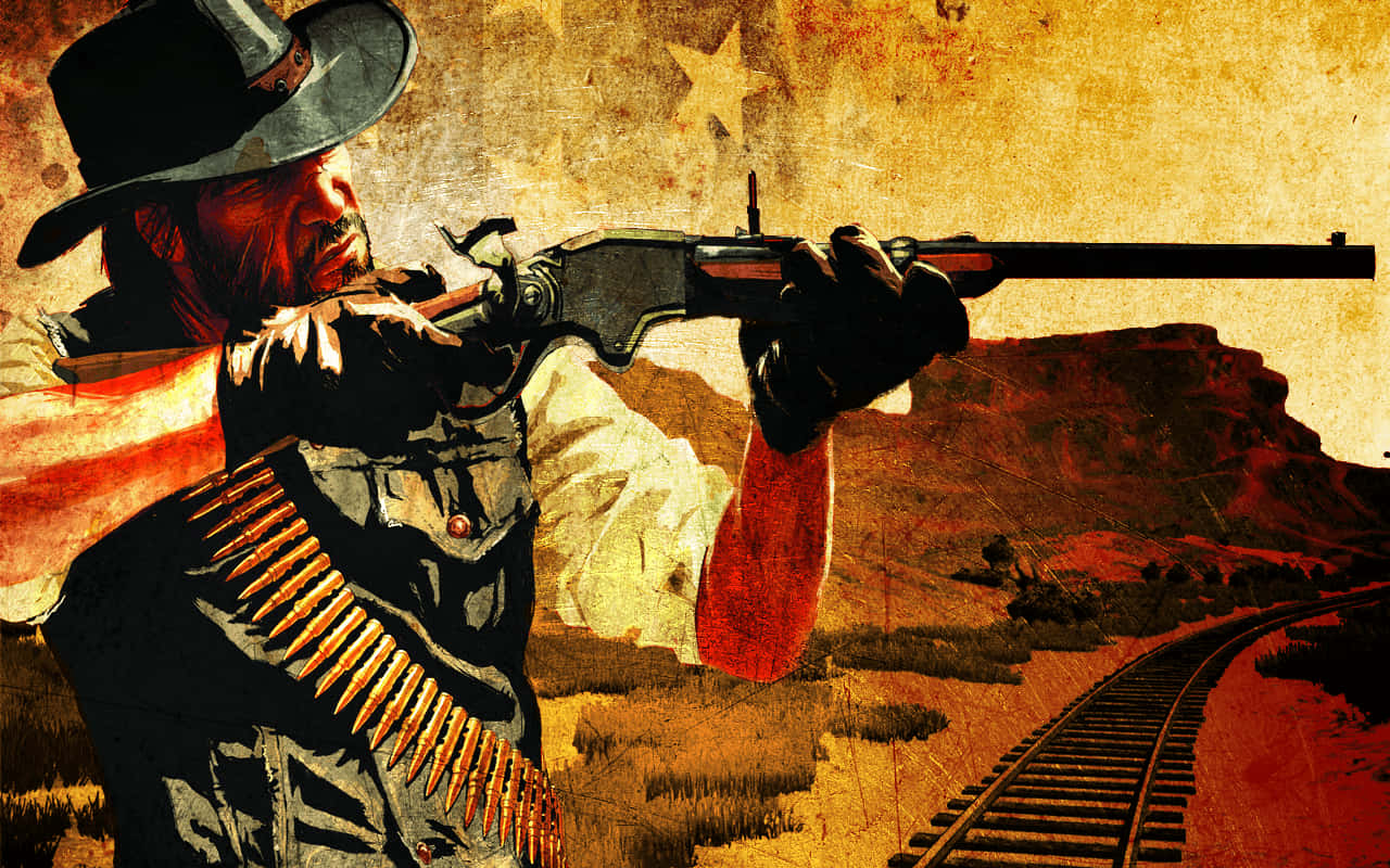 Red Dead Redemption 2 Pc 桌布 壁紙 — 一個粗獷的牛仔，帶著步槍和彈藥帶，在星空下瞄準沙漠鐵路軌道。