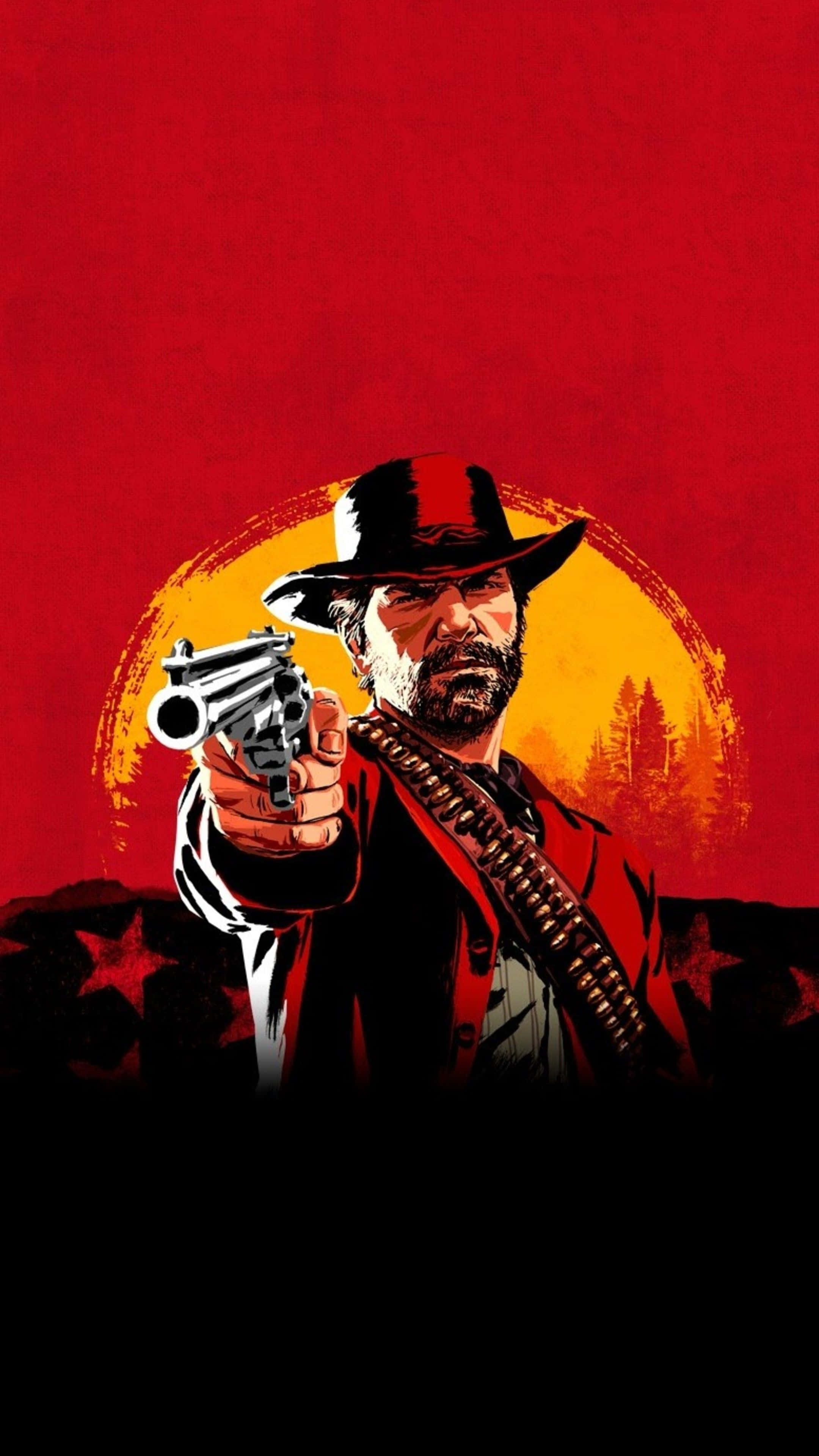 arthur morgan 桌布 壁紙 — 一個粗獷的牛仔，留著鬍子，戴著帽子，在熾熱的紅色夕陽背景下，直接將左輪手槍對準觀眾。