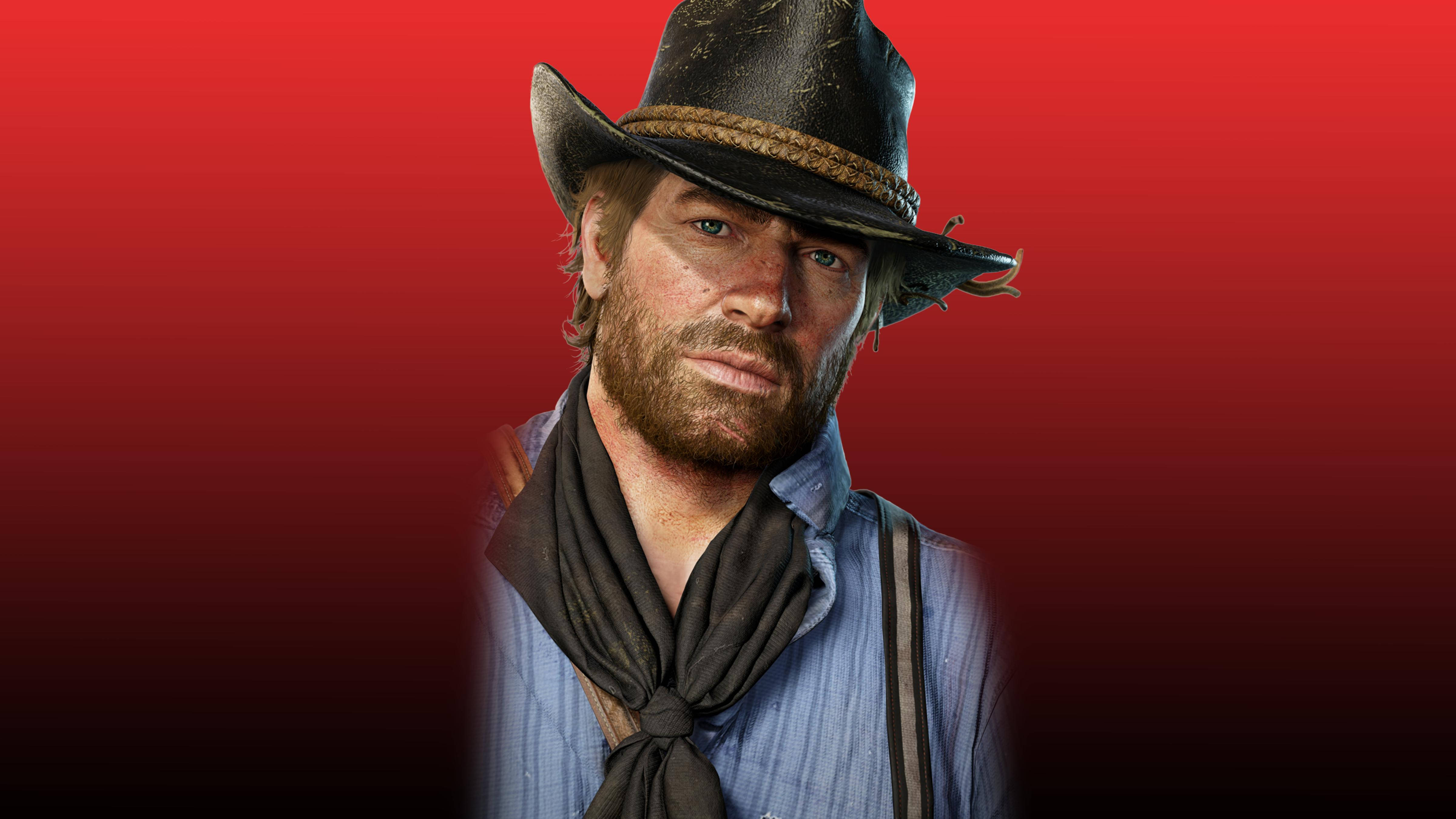 Red Dead Redemption 2 Desktop 桌布 壁紙 — 一個粗獷的牛仔，留著鬍鬚，戴著帽子，在紅色漸變背景前凝視。