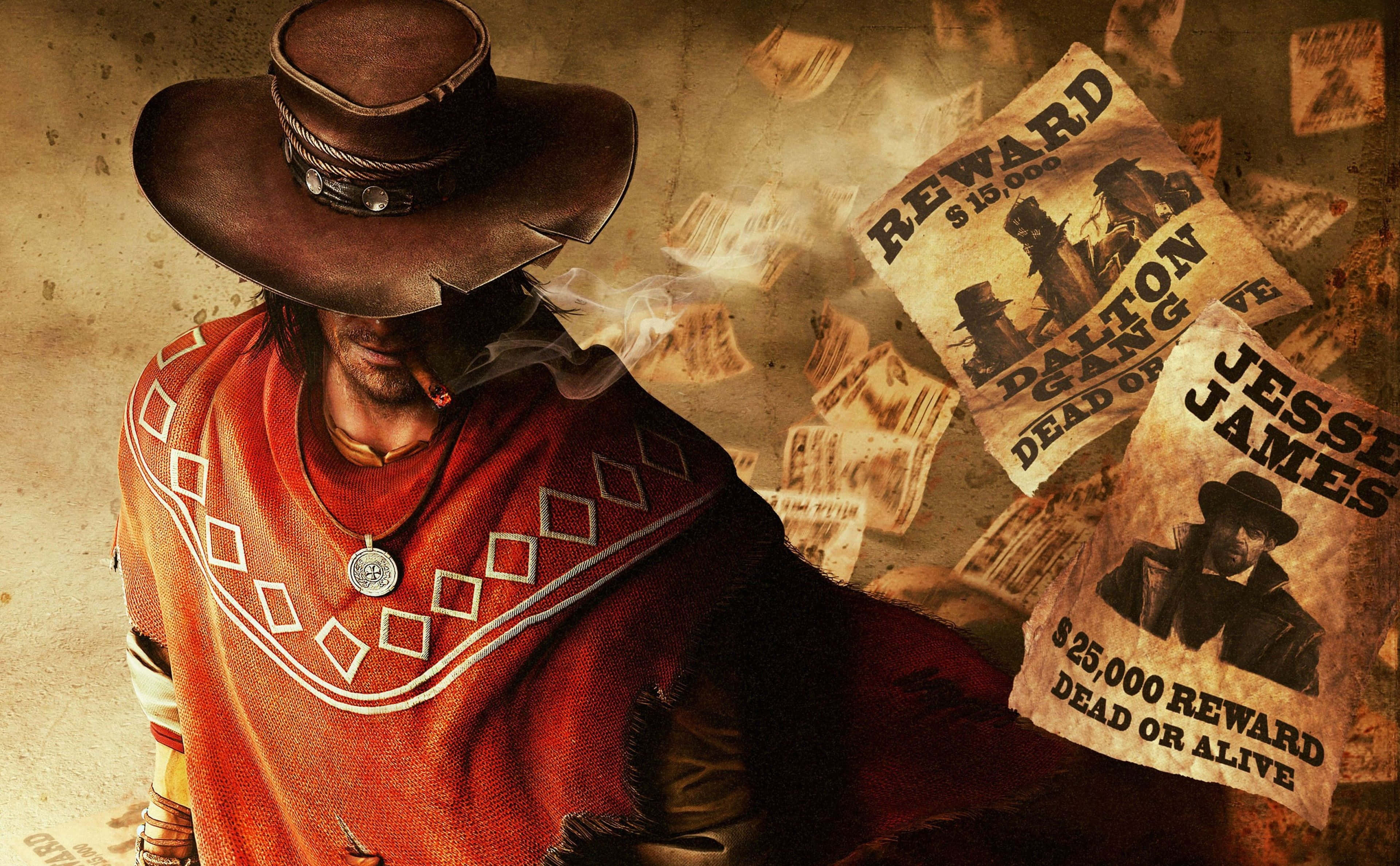 Red Dead Redemption 2 Pc 桌布 壁紙 — 一個粗獷的牛仔，身穿紅色斗篷，戴著寬邊帽，抽著雪茄，而傑西·詹姆斯和道爾頓幫的浮動通緝海報在他周圍旋轉。