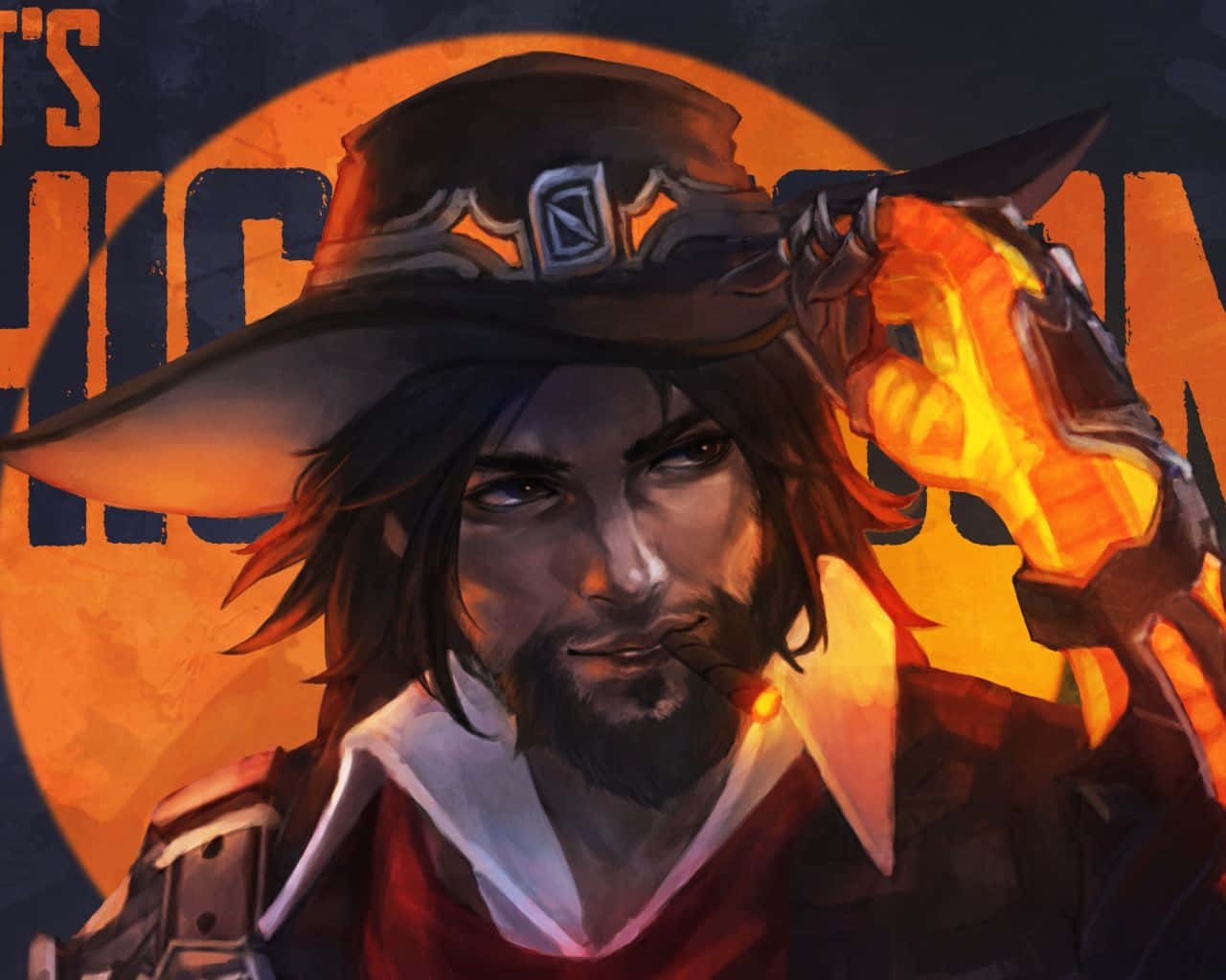 Overwatch Mccree 桌布 壁紙 — 一個粗獷的牛仔戴著火焰手套，在熾熱的橙色太陽背景下敬禮。