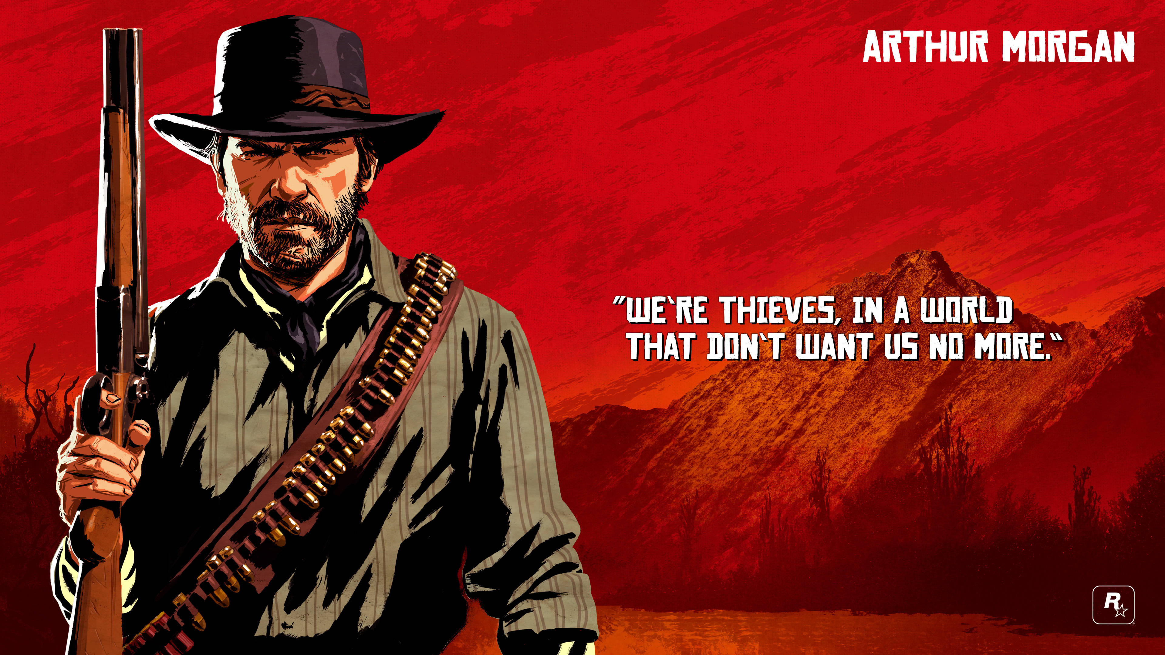 Red Dead Redemtion 2 桌布 壁紙 — 一個粗獷的牛仔手持步槍和彈藥帶，站在火紅的山脈背景下，配有粗體文字。