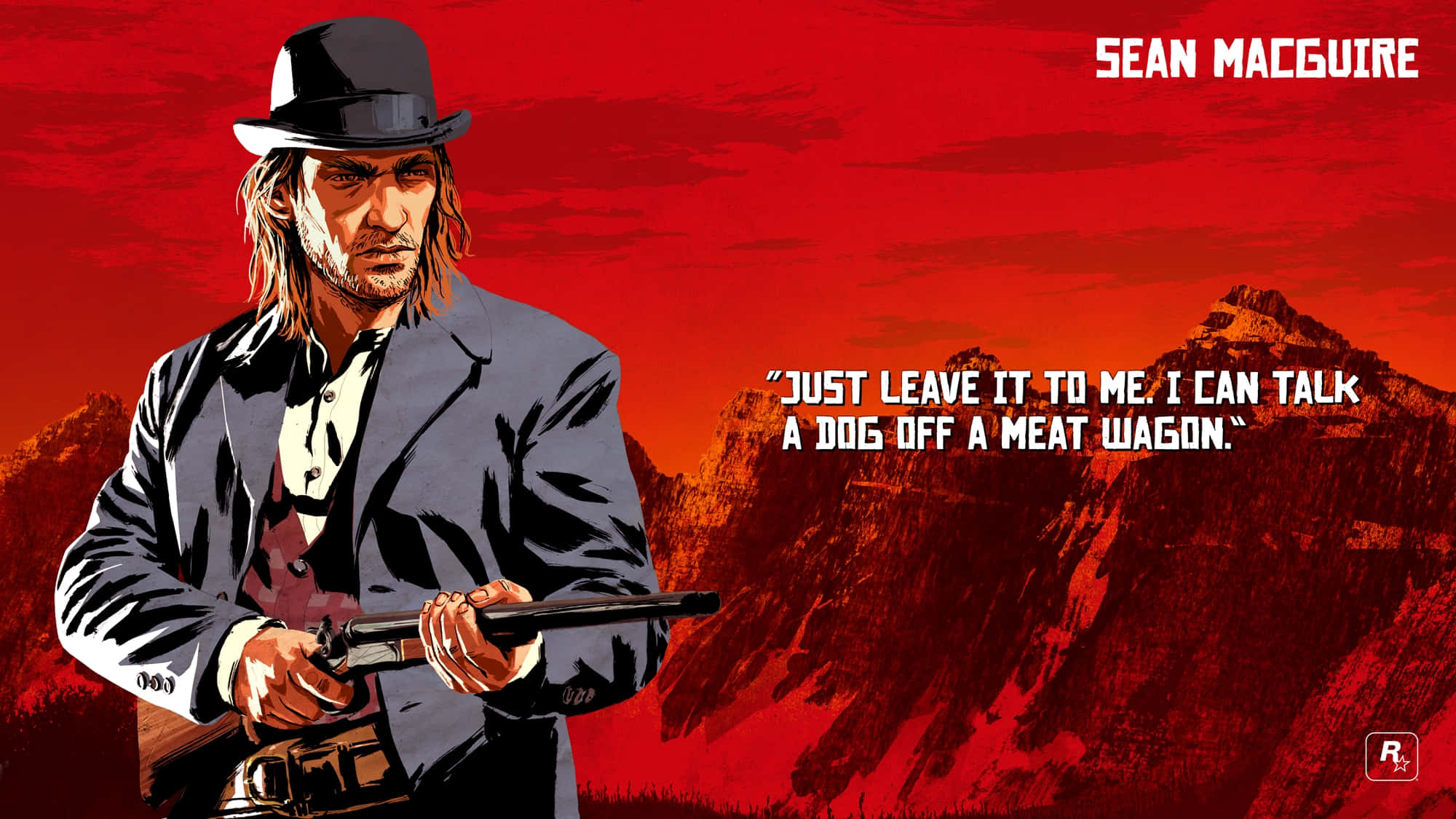 Best Red Dead Redemption 2 桌布 壁紙 — 一個粗獷的牛仔拿著步槍，站在火紅的山脈背景下，散發出強烈的決心。