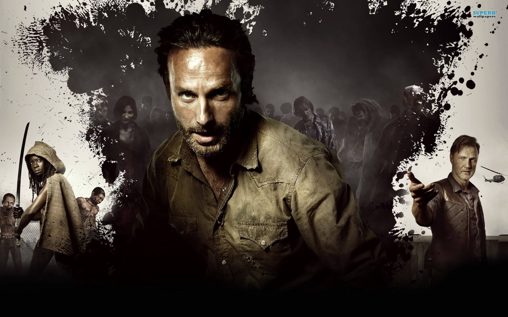 dead 桌布 壁紙 — 一個粗獷的特寫鏡頭，Rick Grimes 被殭屍群包圍，帶有暗色飛濺效果和柔和色調。
