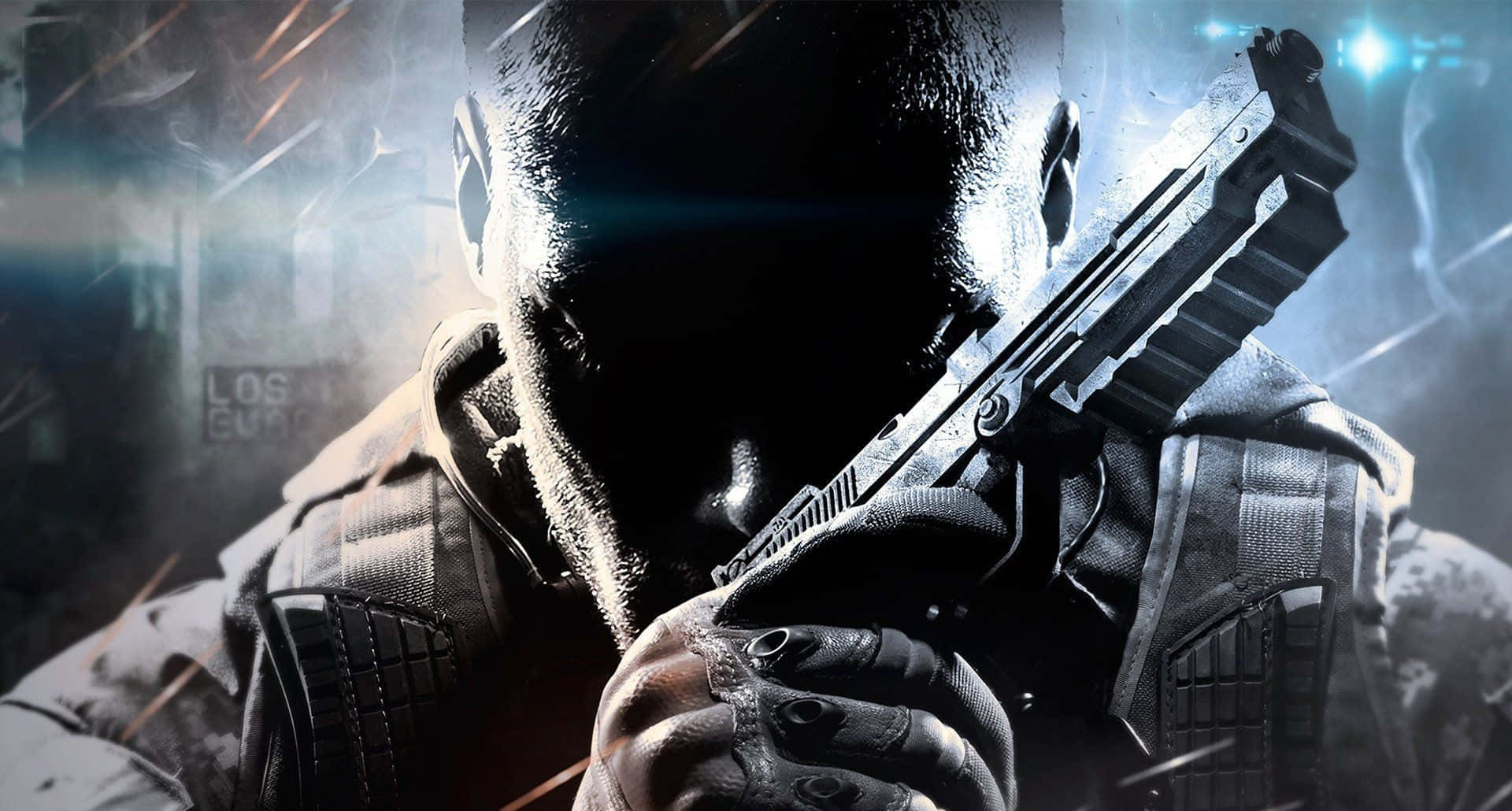 1920x1080 Call Of Duty Black Ops Cold War 桌布 壁紙 — 一個粗獷的特寫鏡頭，一名身穿戰術裝備的士兵在戲劇性的藍色和橙色燈光下緊握一把手槍。
