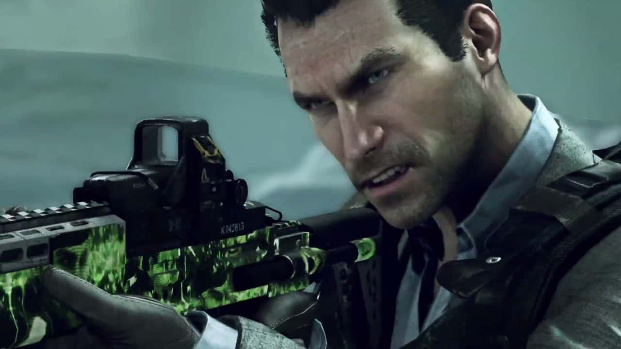 Call Of Duty Vladimir Makarov 桌布 壁紙 — 一個粗獷的特寫鏡頭，展示一名眼神銳利的士兵在霧氣瀰漫的戰場上瞄準一支綠色迷彩步槍。