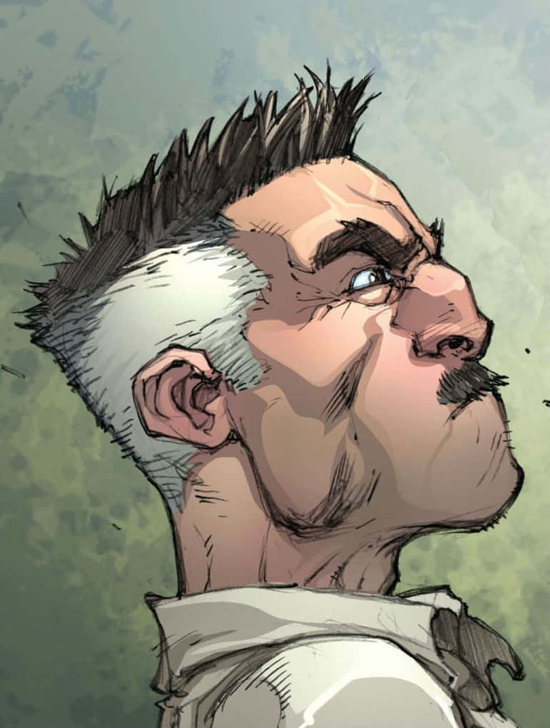 J Jonah Jameson 桌布 壁紙 — 一個粗獷的男人，有著尖刺的灰白頭髮和鬍子，在紋理綠色背景上，用銳利的眼睛向上凝視。