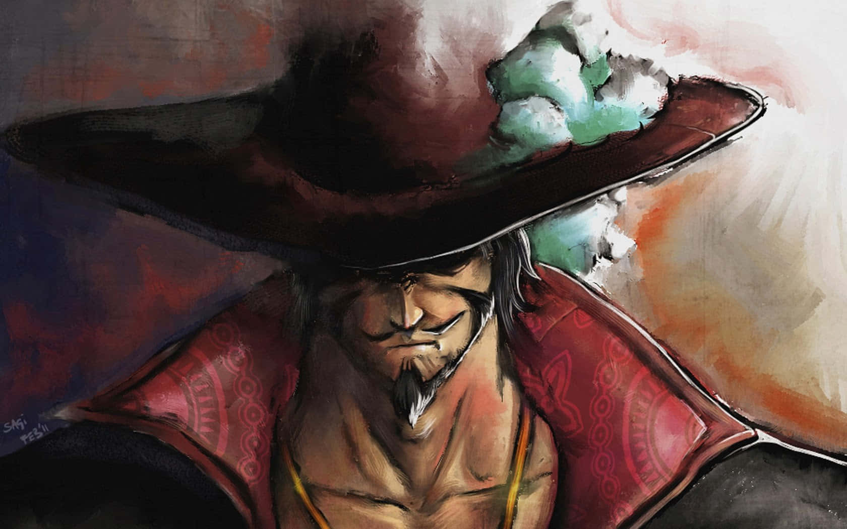 Dracule Mihawk 桌布 壁紙 — 一個粗獷的男人，留著山羊鬍，戴著寬邊帽，穿著紅色圖案斗篷，在煙霧繚繞的抽象背景前凝視著。
