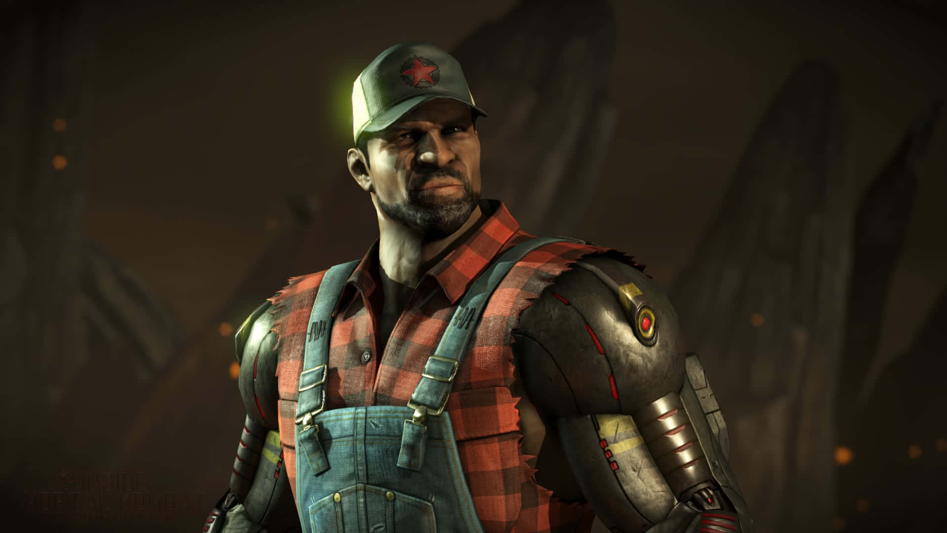 Mortal Kombat Jax 桌布 壁紙 — 一個粗獷的男人，穿著格紋襯衫和連身工作褲，擁有機械手臂和帽子，站在昏暗、粗糙的環境中。