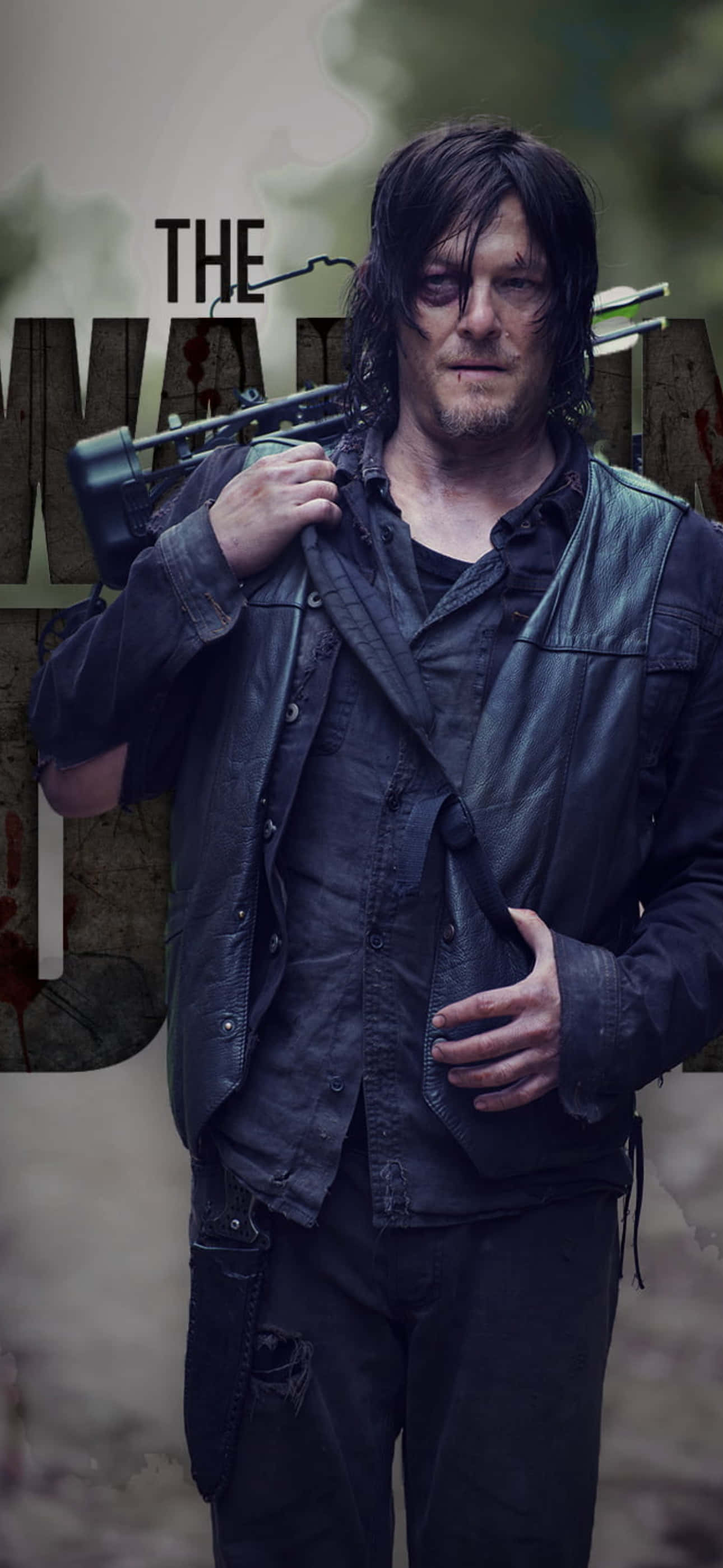 The Walking Dead iPhone 桌布 壁紙 — 一個粗獷的男人，黑髮，臉上帶有疤痕，肩上扛著十字弓，背景模糊，帶有「THE WALKING DEAD」文字。