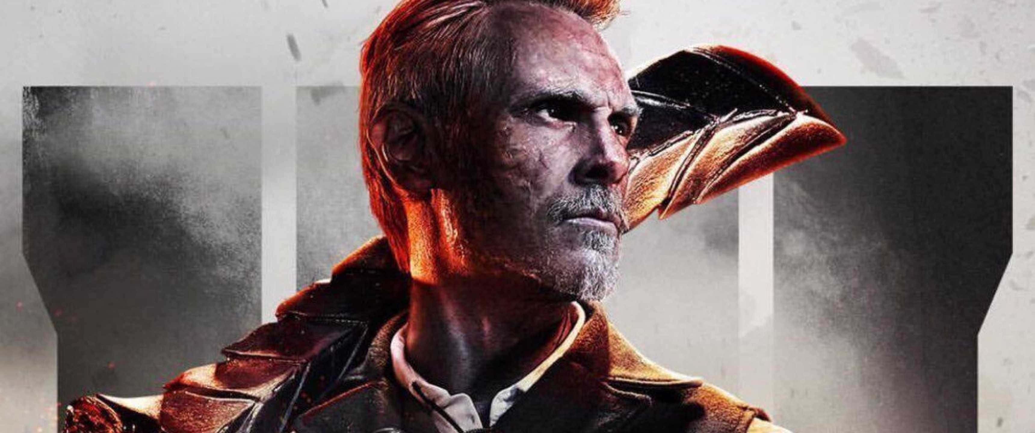 3440x1440p Call Of Duty Black Ops 4 桌布 壁紙 — 一個粗獷的男人戴著一個像鳥的頭盔，在粗糙的紋理背景前強烈地凝視。