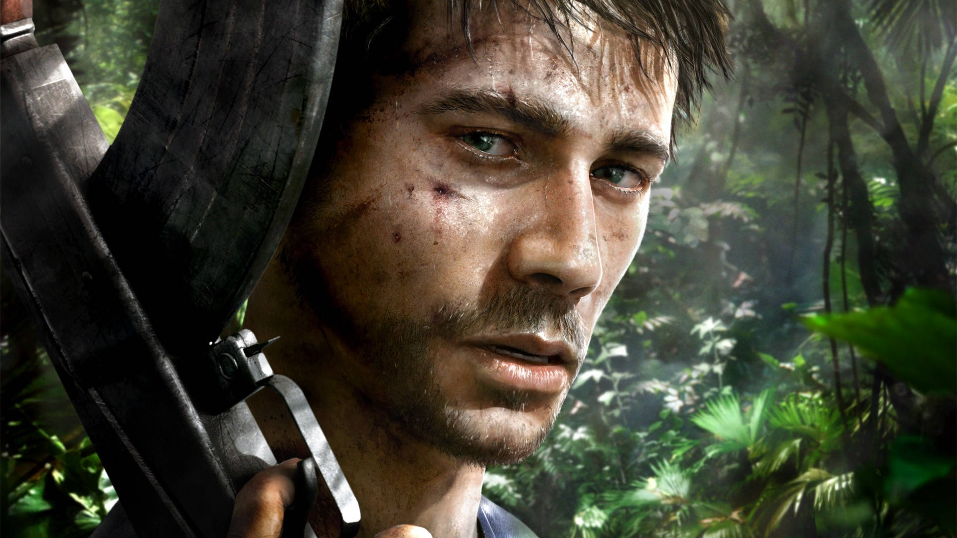 Far Cry 3 桌布 壁紙 — 一個粗獷的男人拿著步槍，在斑駁的陽光下，透過茂密的叢林樹葉凝視著。