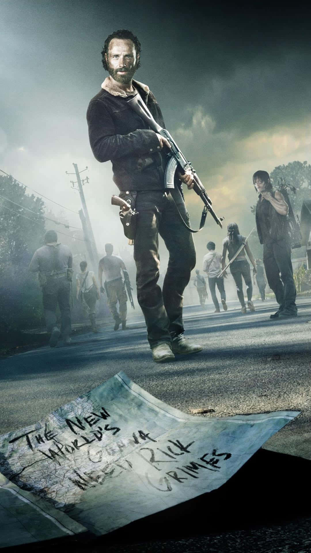 The Walking Dead iPhone 桌布 壁紙 — 一個粗獷的男人拿著步槍，挑釁地站在路上，後面有殭屍在暴風雨的天空下逼近。