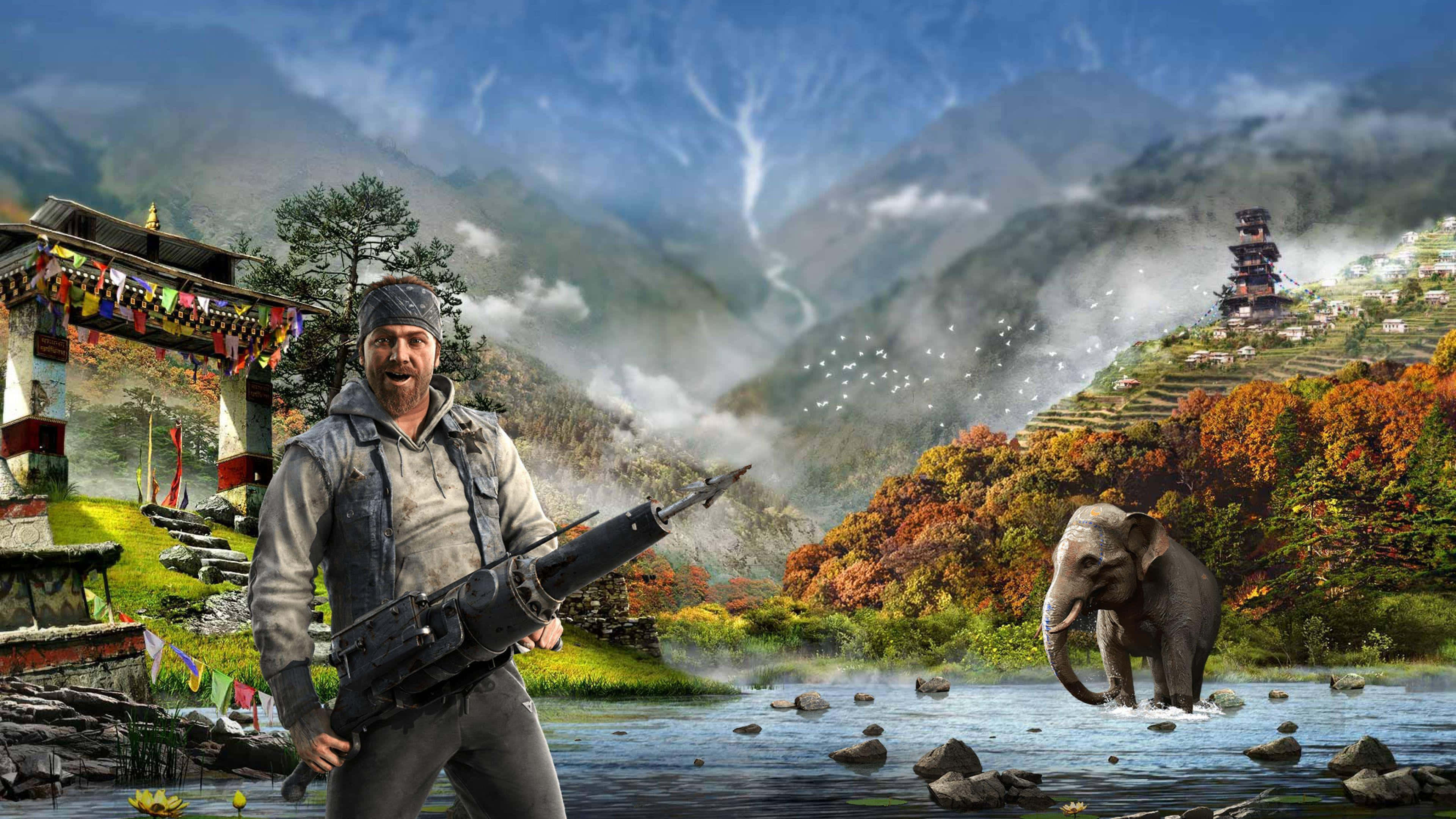 Far Cry 4 桌布 壁紙 — 一個粗獷的男人拿著步槍站在河裡，一頭大象在附近涉水，周圍是霧氣繚繞的山脈和秋葉。