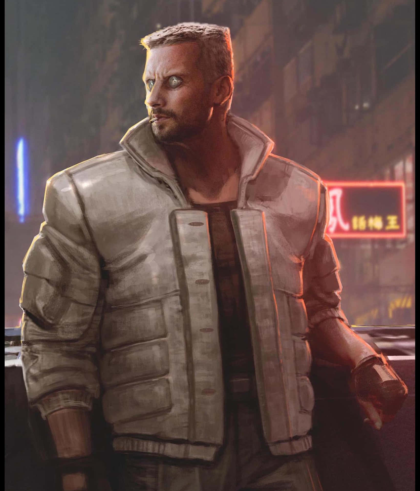Ghost In The Shell Batou 桌布 壁紙 — 一個粗獷的男人穿著一件風化的夾克，夜晚站在霓虹燈照亮的城市小巷中，身後有發光的招牌。