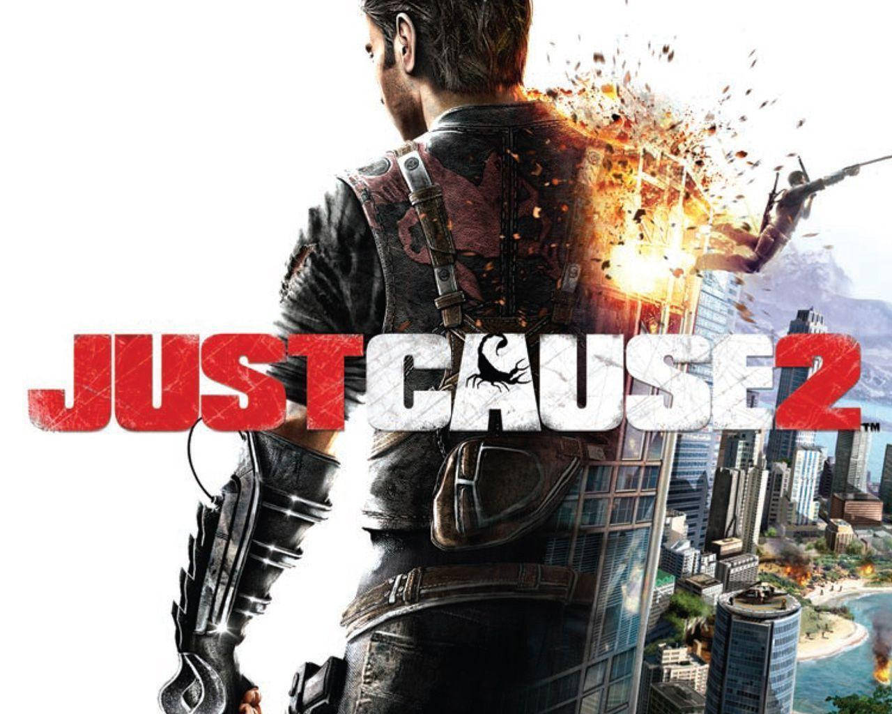 just cause 2 桌布 壁紙 — 一個粗獷的男人穿著戰術裝備，背光站立，身後爆炸在城巿景觀上空爆發，出現在電玩遊戲封面。