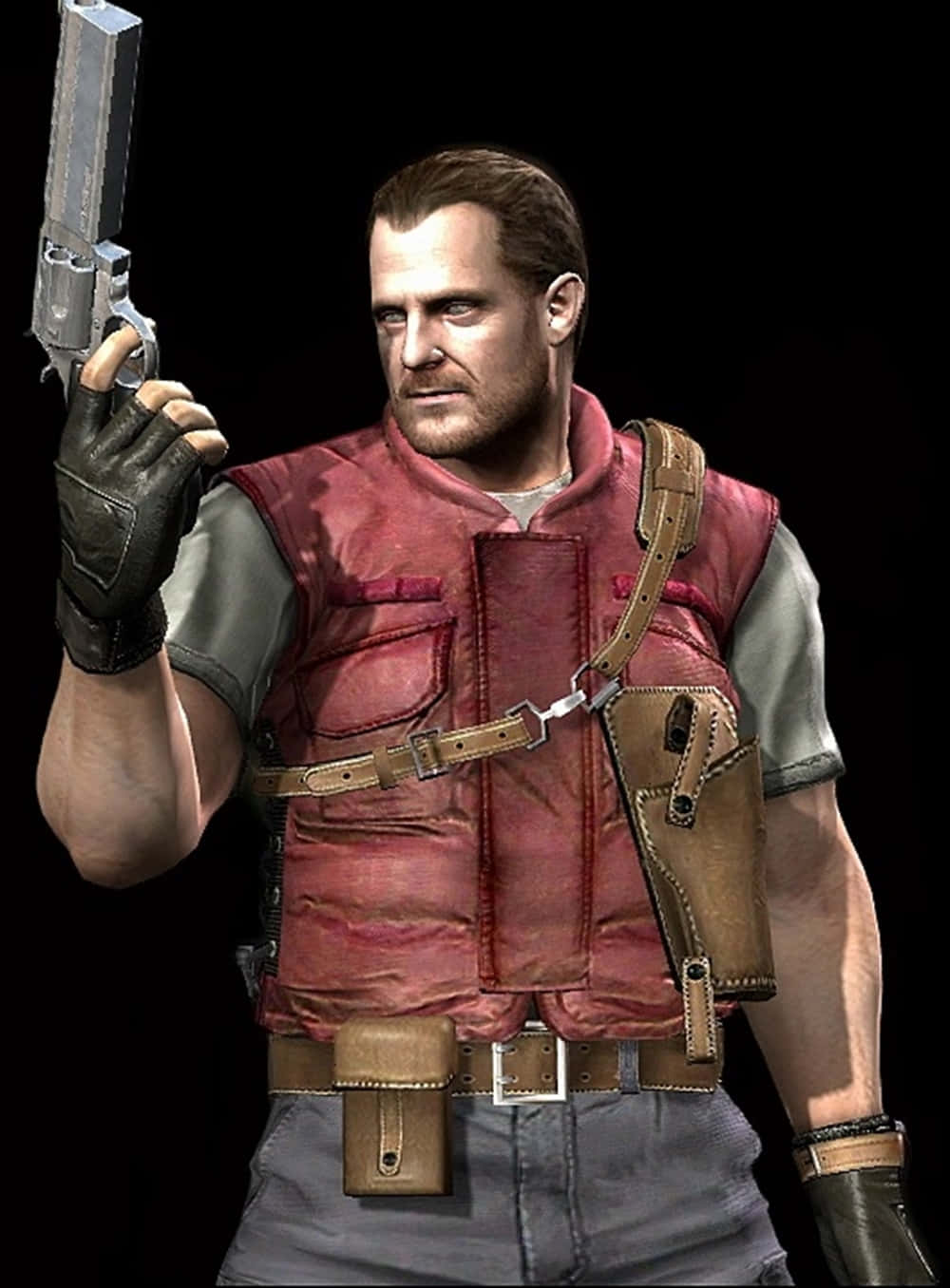 Barry Burton 桌布 壁紙 — 一個粗獷的男人穿著紅色背心和皮革裝備，在黑色背景前專注地握著手槍。