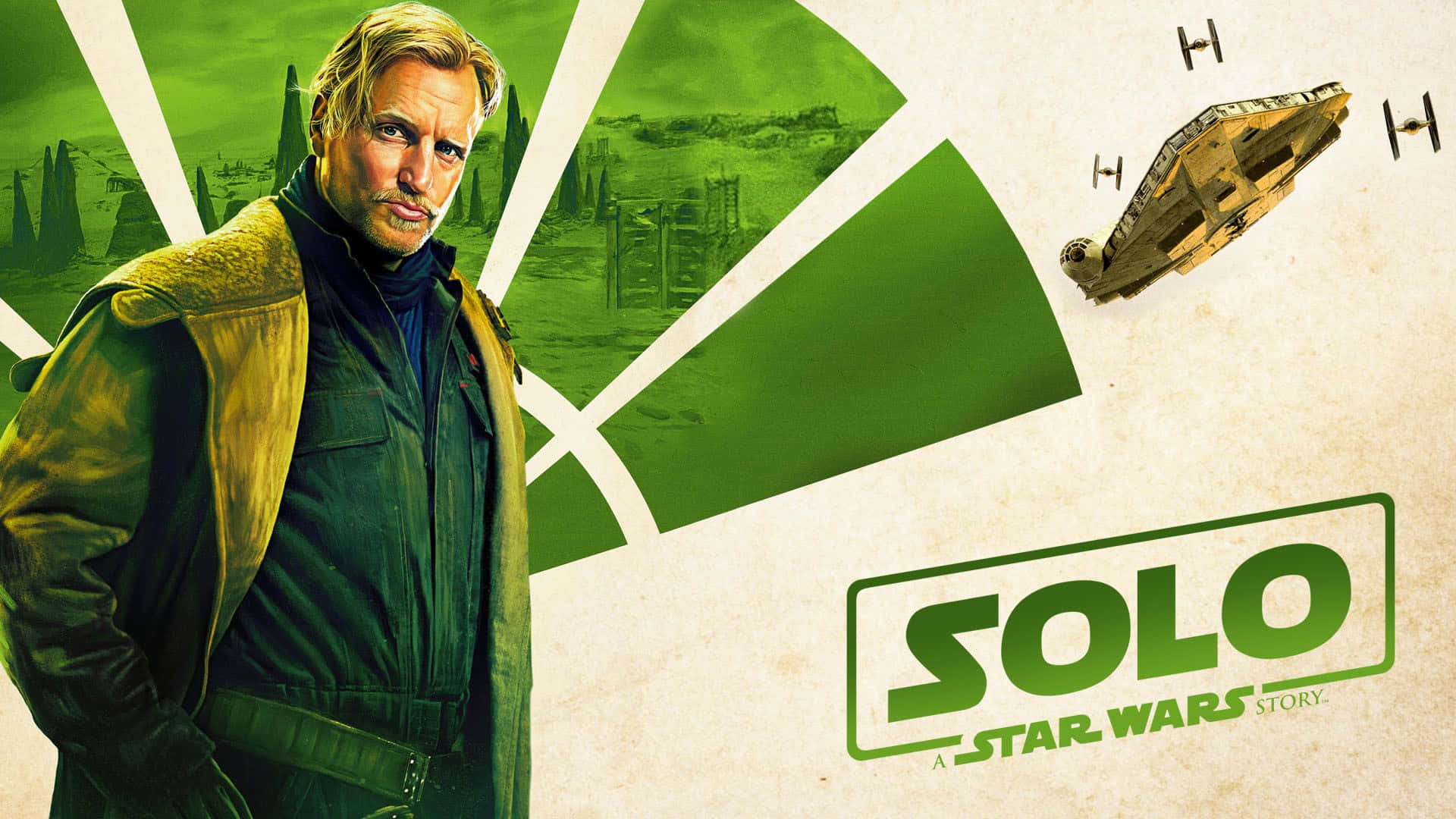 Solo A Star Wars Story 桌布 壁紙 — 一個粗獷的男人穿著綠色飛行夾克，站在風格化的綠色和白色背景前，星際戰鬥機在頭頂飛過。