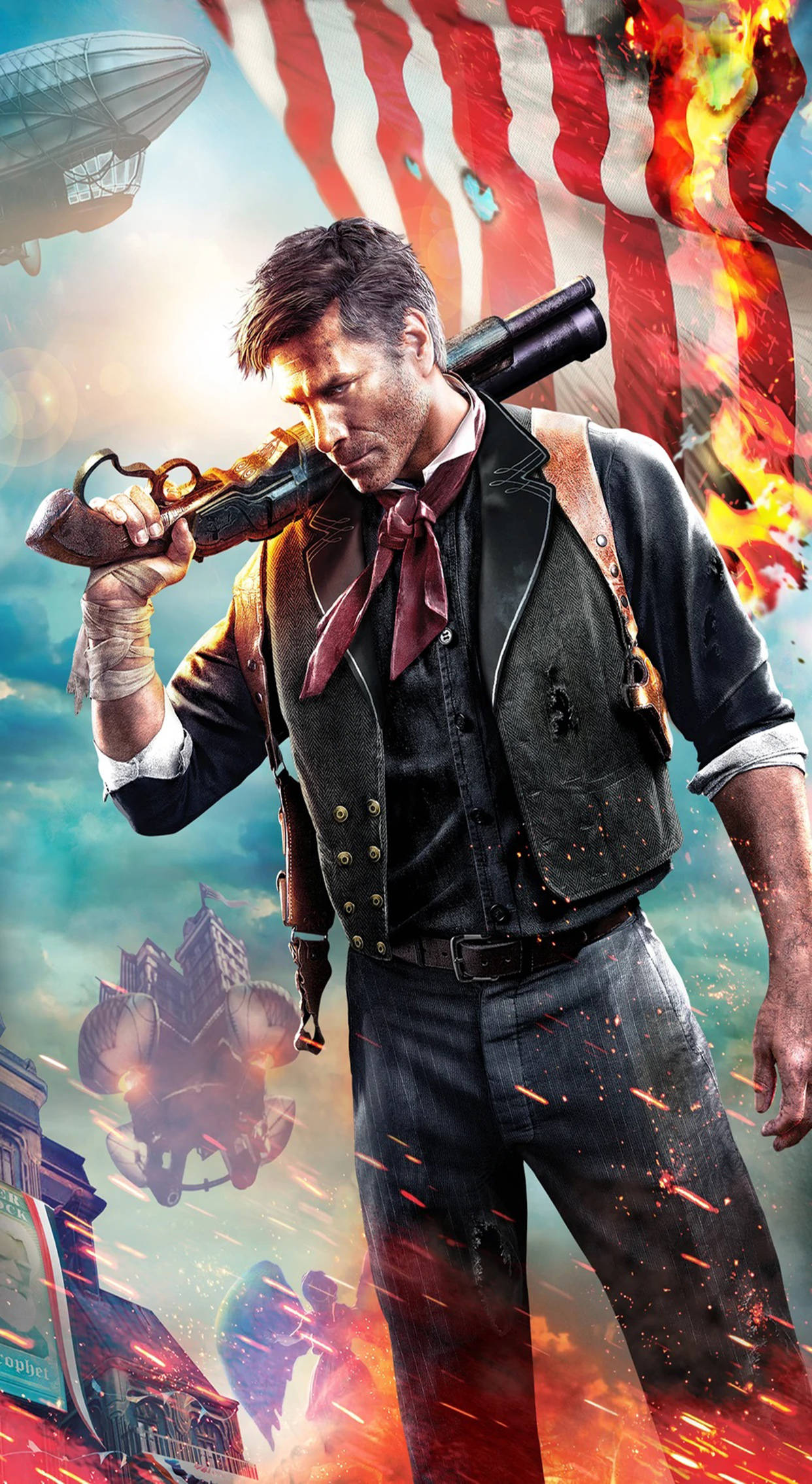 Bioshock Infinite iPhone 桌布 壁紙 — 一個粗獷的男人穿著蒸氣龐克裝備，手持左輪手槍，背景是燃燒的旗幟和飛行的飛船。